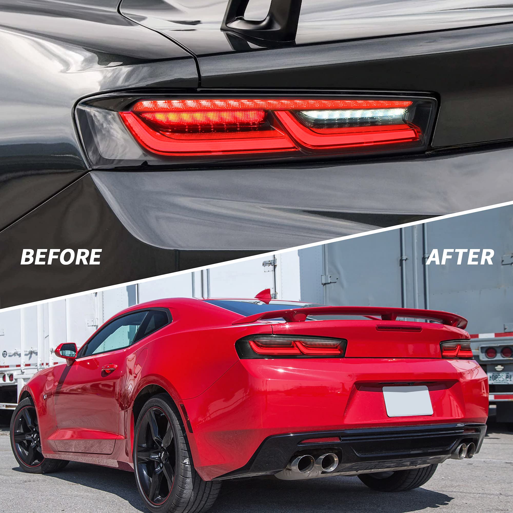 VLAND LED Tail Lights for Chevrolet Camaro 2016-2018 - Red Sequential Turn Signal, Smoke Clear Lens (US Plug) - Left & Right Rear Light Assembly - Perfect for Night Driving & Car Customization