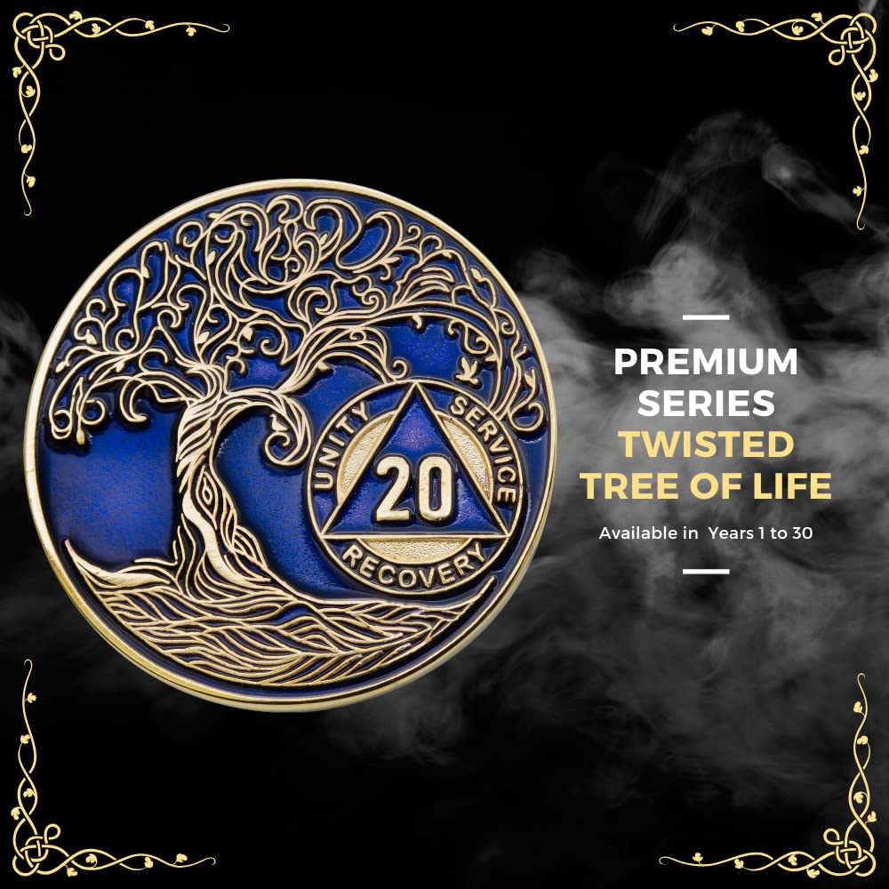 5 Year AA Medallion Twisted Tree of Life Gold Plated AA Recovery Chip - Translucent Blue Sobriety Token for Alcoholics Anonymous, Inspirational Gift for Addiction Recovery & 12 Step Programs - Perfect for Meetings, Milestones and Spiritual Support