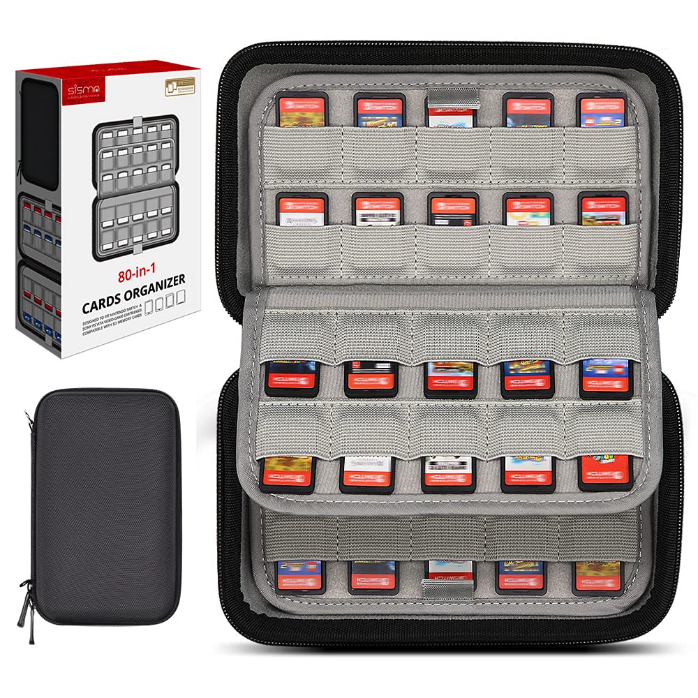Sisma 80 Switch Game Case - Hard Shell Travel Storage for Nintendo Switch, PS Vita Games & SD Cards - Physical Game Cartridge Holder for Home & Travel - Black - Perfect for Gaming On-The-Go & Organized Game Collection