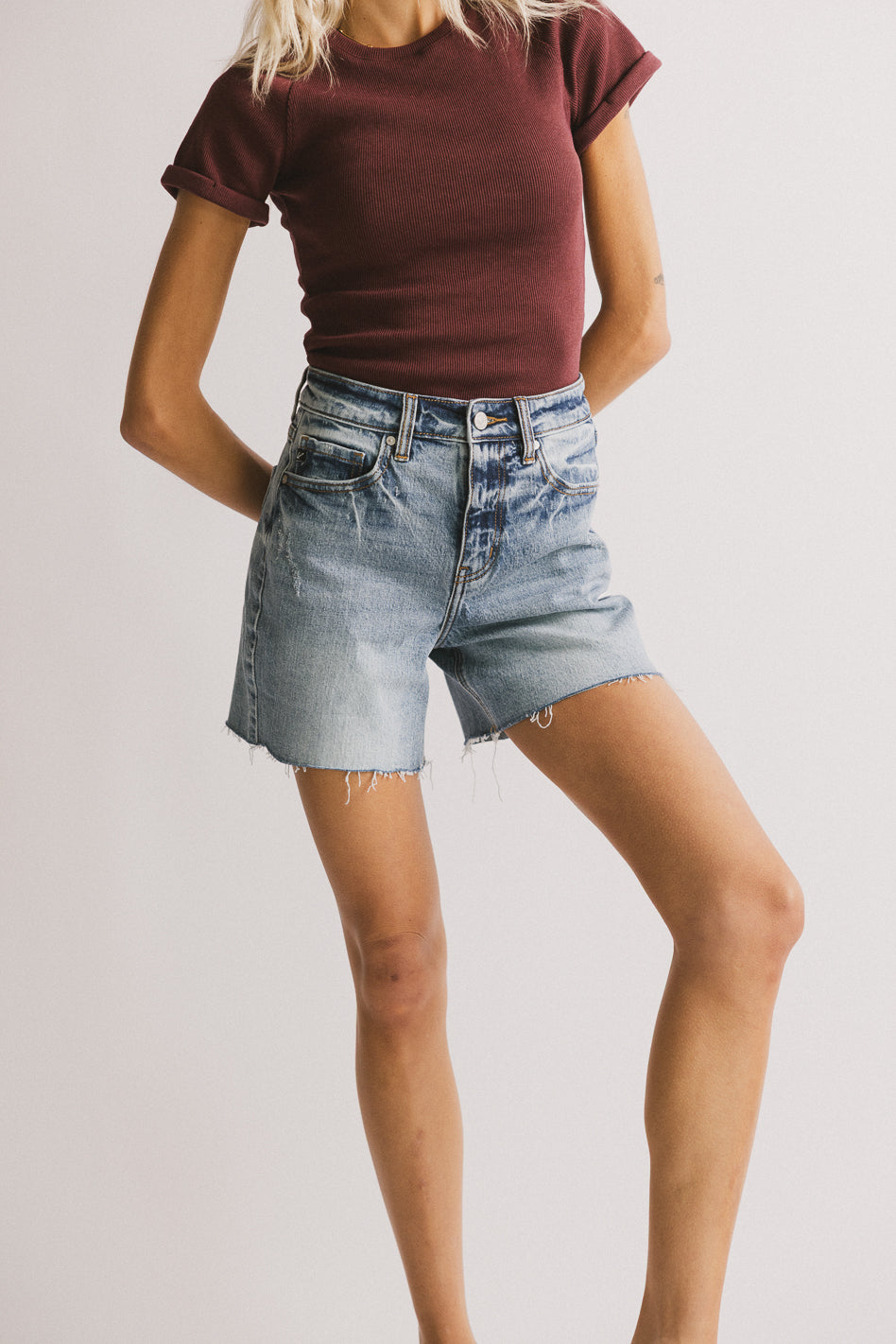 Ariel Distressed Denim Shorts for Women - High Waisted Ripped Jean Shorts with Stretch, Comfortable Summer Casual Shorts for Outfits, Beach, Travel and Streetwear