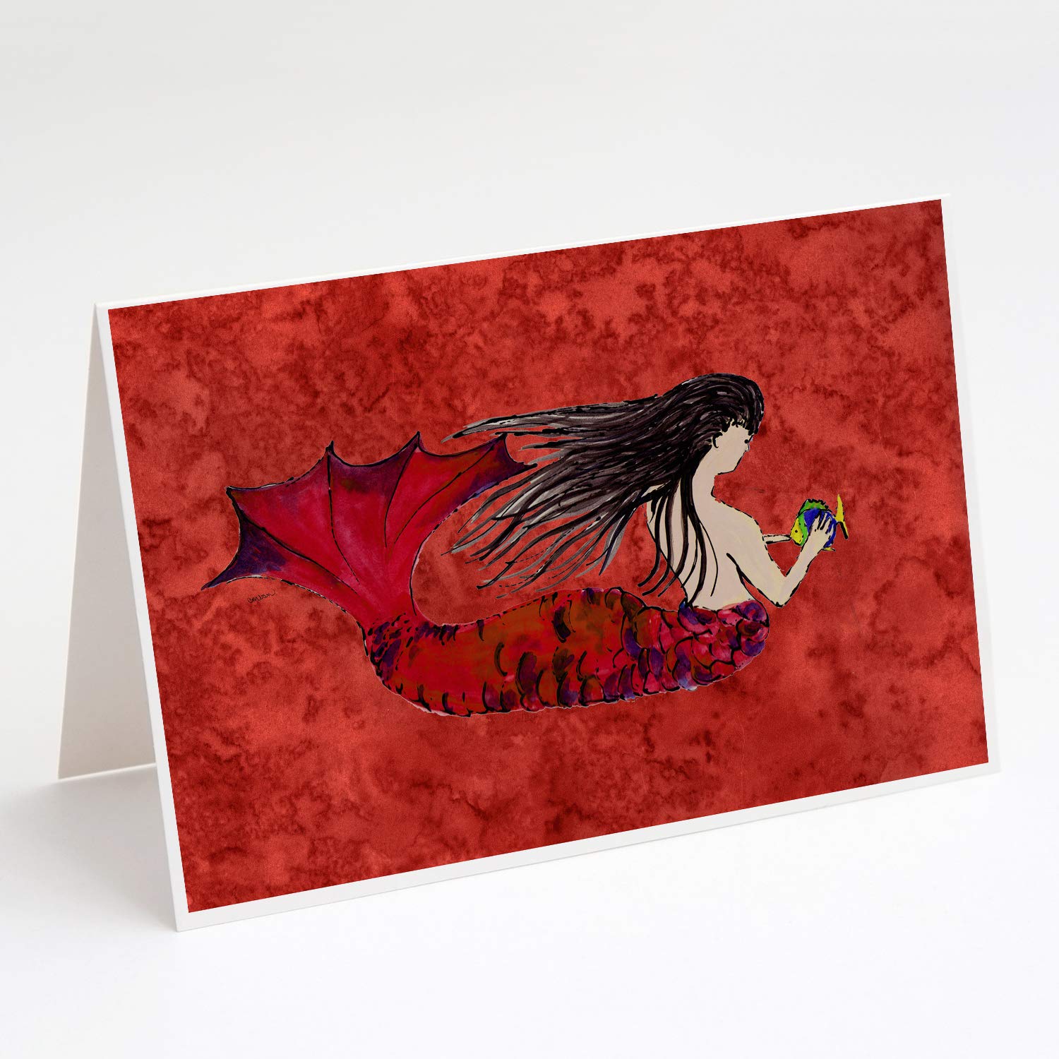 Black Haired Mermaid on Red Greeting Cards - Pack of 8 Blank A7 Note Cards with Envelopes (5x7 Inches) | Whimsical Mermaid Stationery for Birthday, Thank You & Holiday Cards