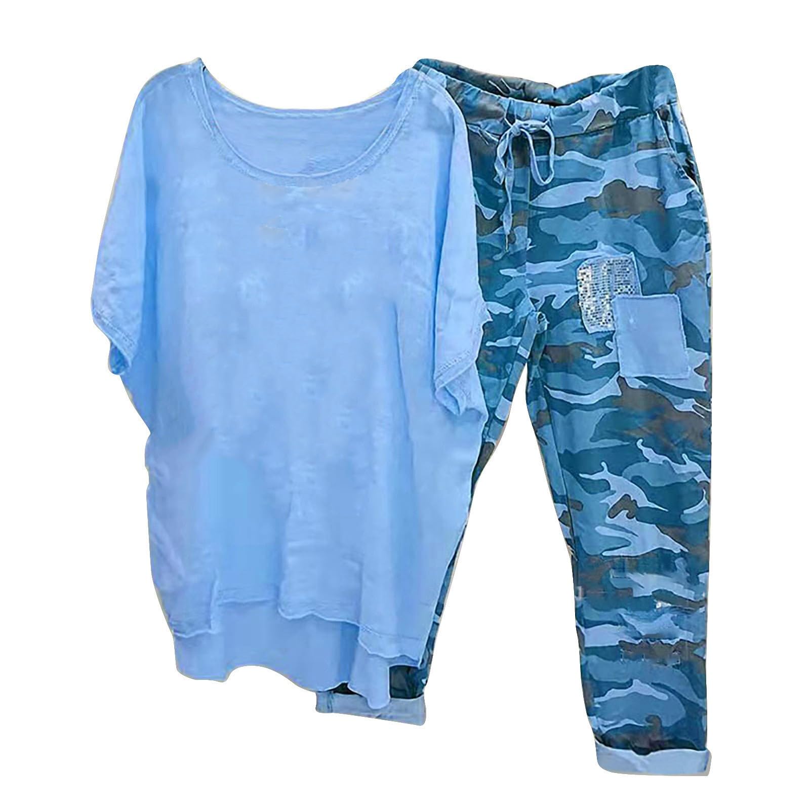 Women's 2-Piece Linen Lounge Set - Oversized Short Sleeve Shirt & Camo Capri Pants for Summer - Casual Comfort Outfit for Home, Beach & Vacation