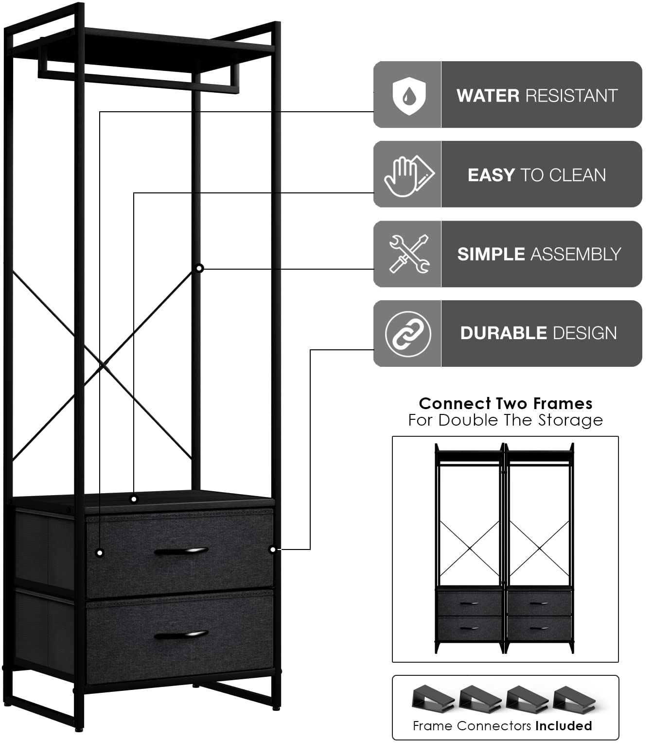 Sorbus Wood Top Clothing Rack with Drawers - Steel Frame Organizer for Shirts, Dresses & Jackets - Bedroom Closet Storage