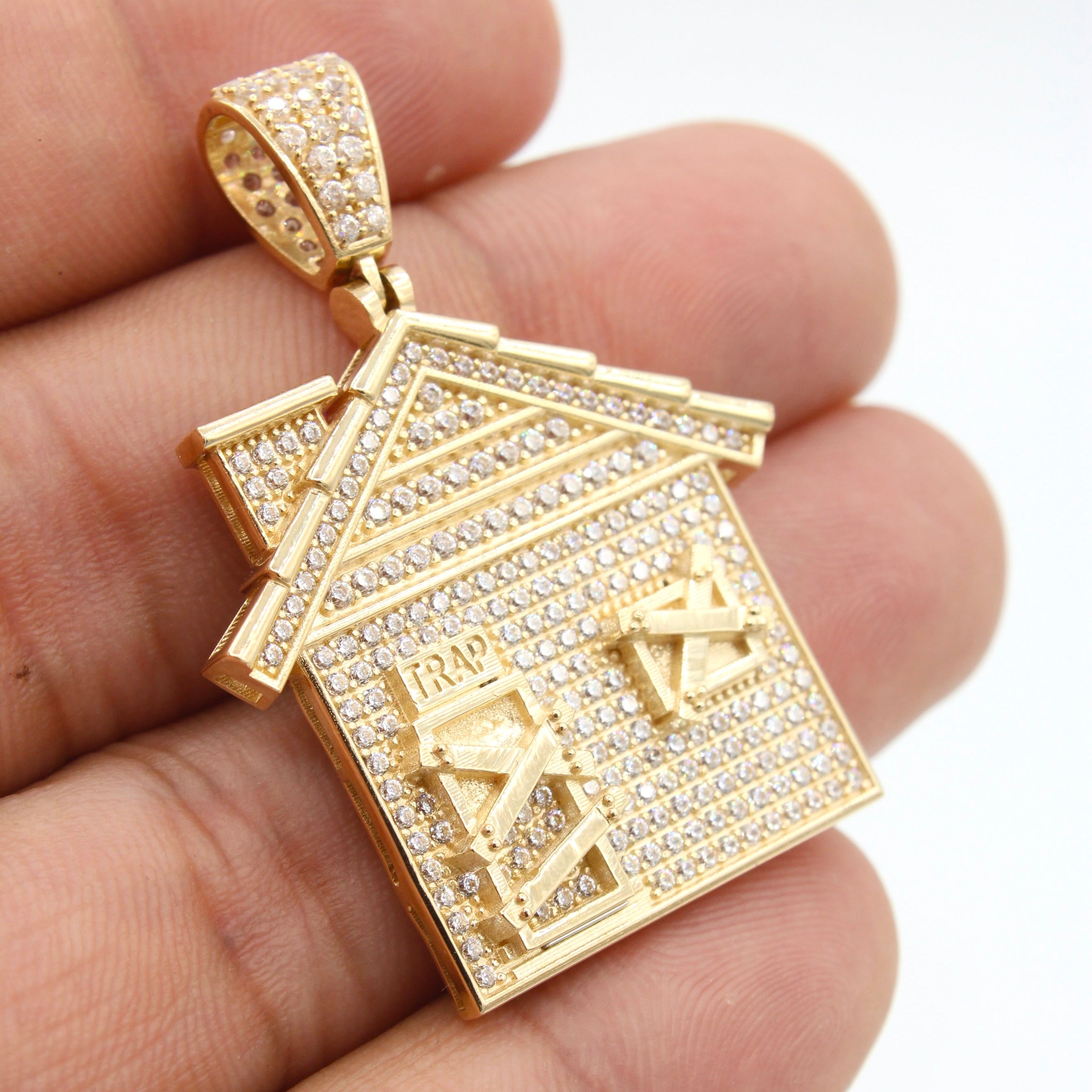 14K Gold Trap House CZ Pendant Necklace - Hip Hop Jewelry for Men & Women | Perfect for Rappers, Streetwear Fashion & Gift Giving