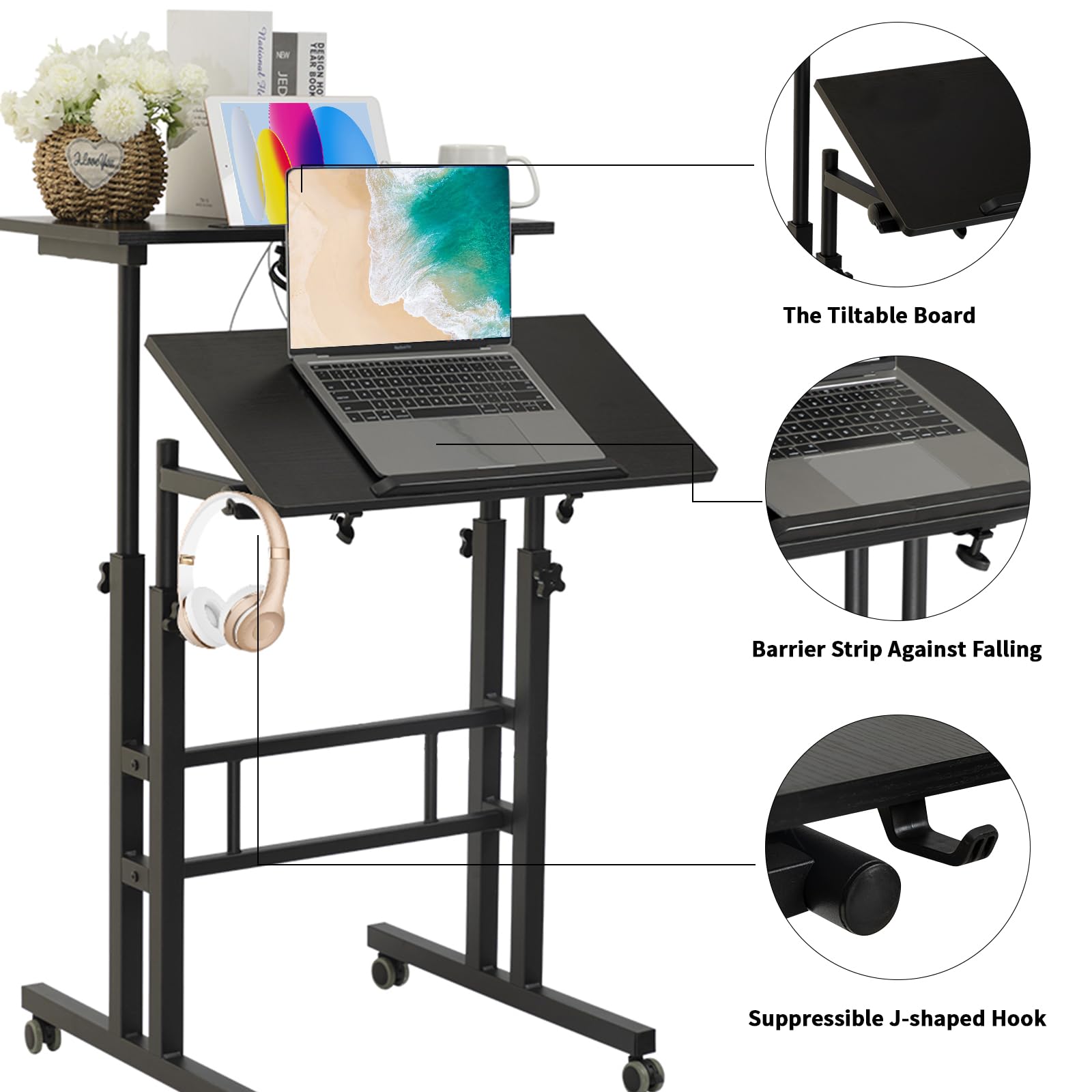 Hadulcet Adjustable Mobile Standing Desk with USB Charging Station - Rolling Laptop Cart with Wheels for Home Office, Classroom & Workspace - Ergonomic Height Adjustable Computer Desk (Black) - Perfect for Remote Work, Online Classes & Small Spaces