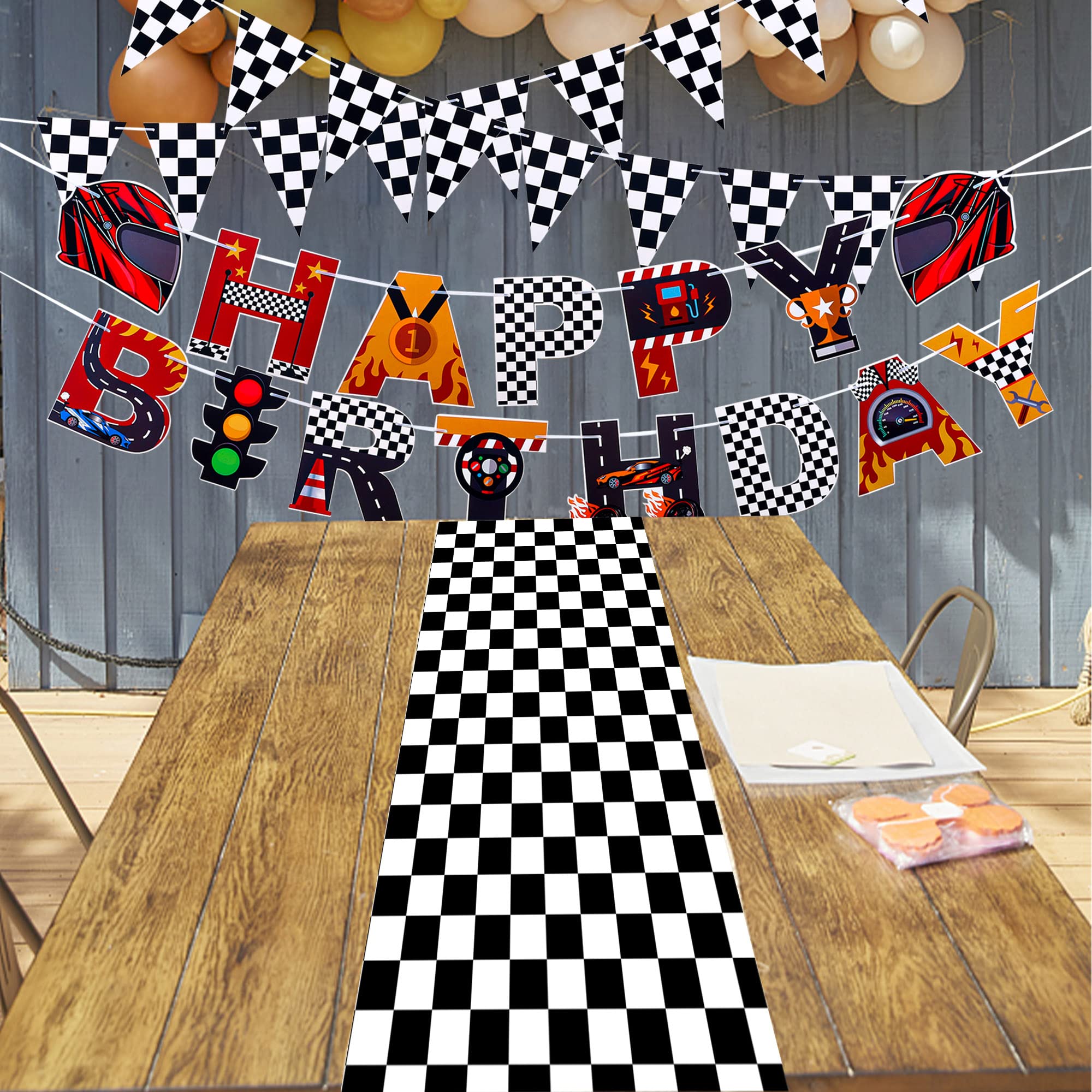 5-Piece Race Car Party Banner Set - Happy Birthday Checkered Flag Pennants, Car Theme Garlands & Photo Props for Birthday Decorations, Baby Shower Wall Decor | Perfect for Kids' Birthday Parties, Themed Events & Photo Booths