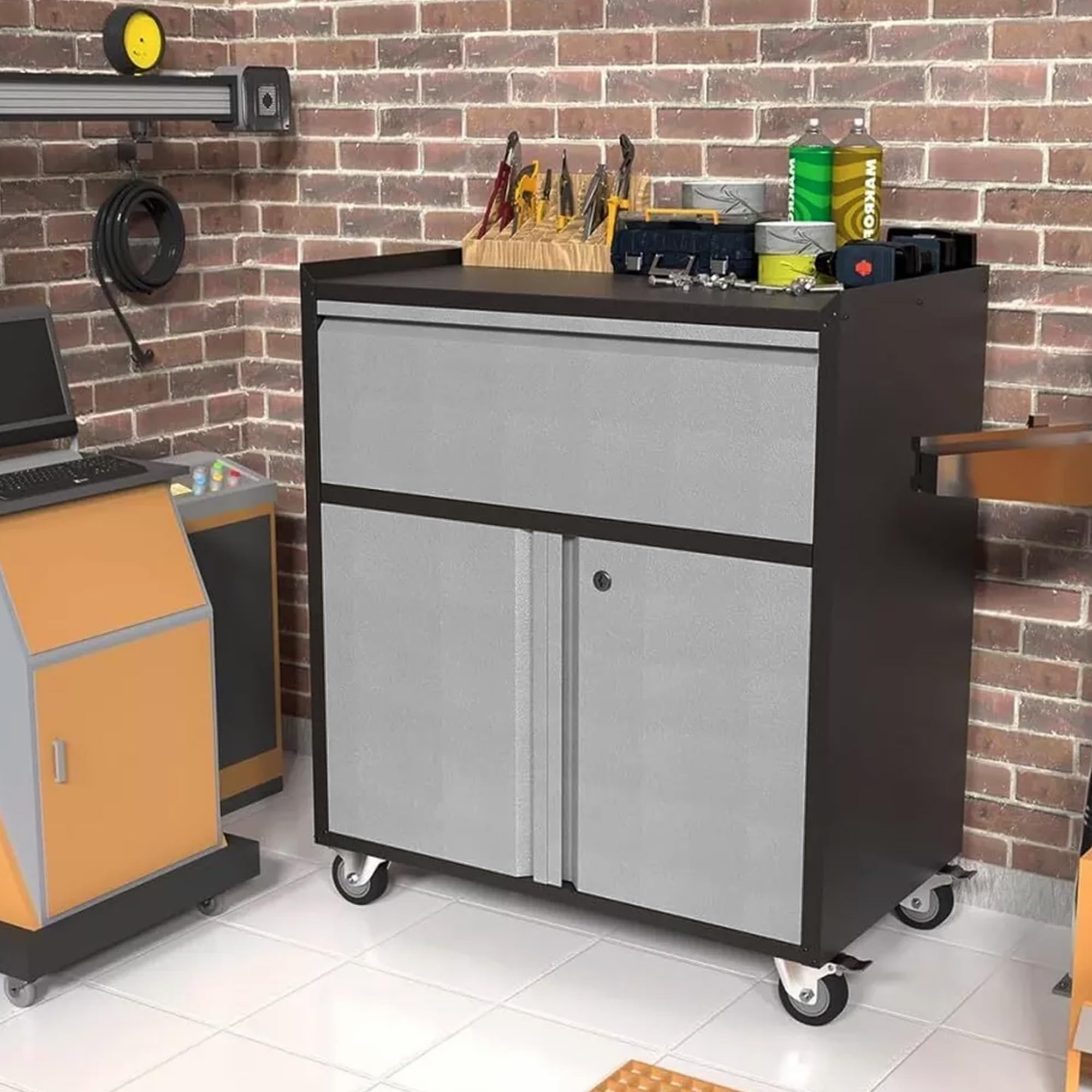 Aobabo Heavy Duty Steel Tool Box with Wheels & Lock - Adjustable Storage Cabinet Organizer with Drawers for Garage, Workshop, Office & Home Use - Black/Gray Tool Chest for Tools, Hardware & Supplies Storage