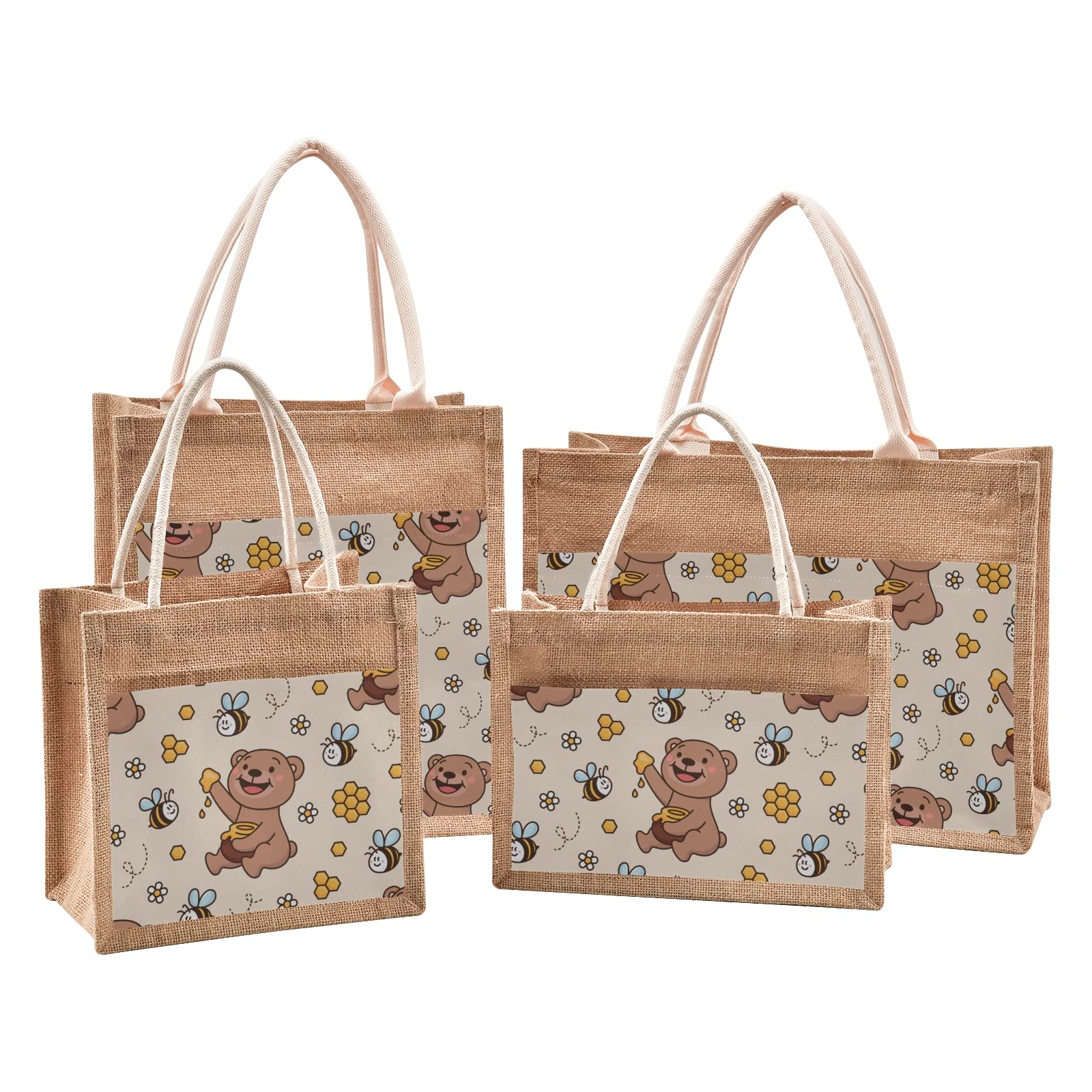 Eco-Friendly Jute Tote Bag with Bear & Bee Design - 4 Size Options for Women | Reusable Grocery Shopping & Beach Tote with Sturdy Handles | Perfect for Farmers Market, Picnics & Sustainable Lifestyle