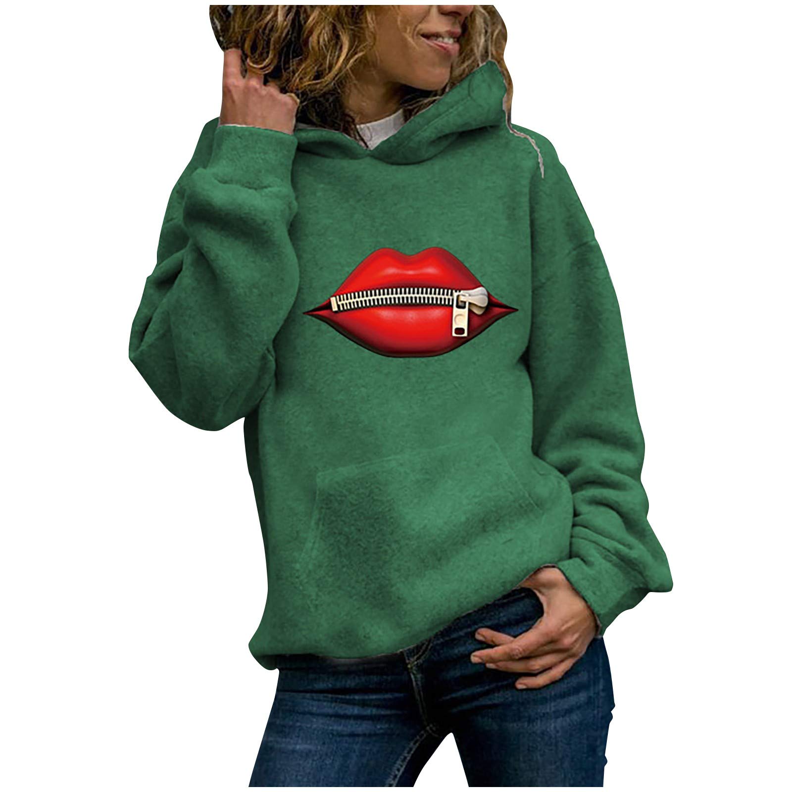 Women's Casual Hoodie with Sexy Lips Print - Stylish Jumper Top, Ladies Graphic Sweatshirt & Blouse Tee | Perfect for Streetwear, Date Night & Lounge Wear