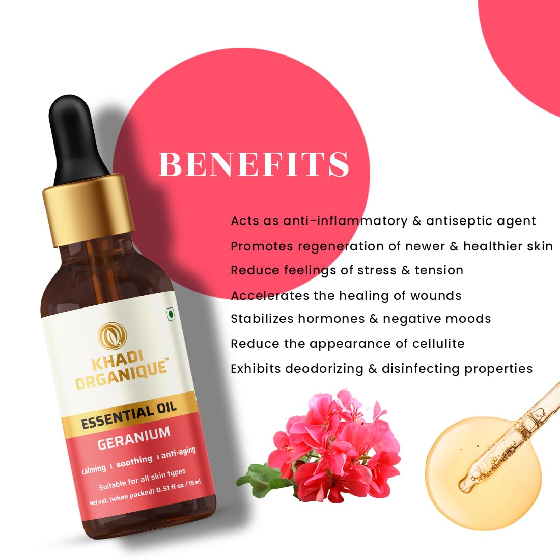 Khadi Organique Geranium Essential Oil 15ml - Pure Aromatherapy Oil for Relaxation, Skin Care & Massage | Perfect for Diffusers, Bath & DIY Beauty Products
