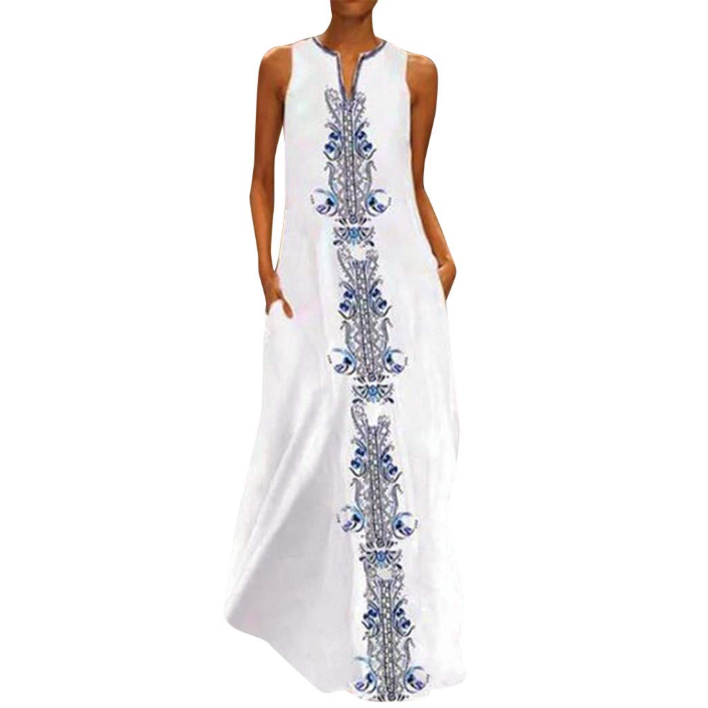 2022 Vintage Printed Women's Maxi Dress - V-Neck Sleeveless Striped Casual Summer Dress for Daily Wear | Perfect for Beach Outings, Date Nights & Summer Vacations