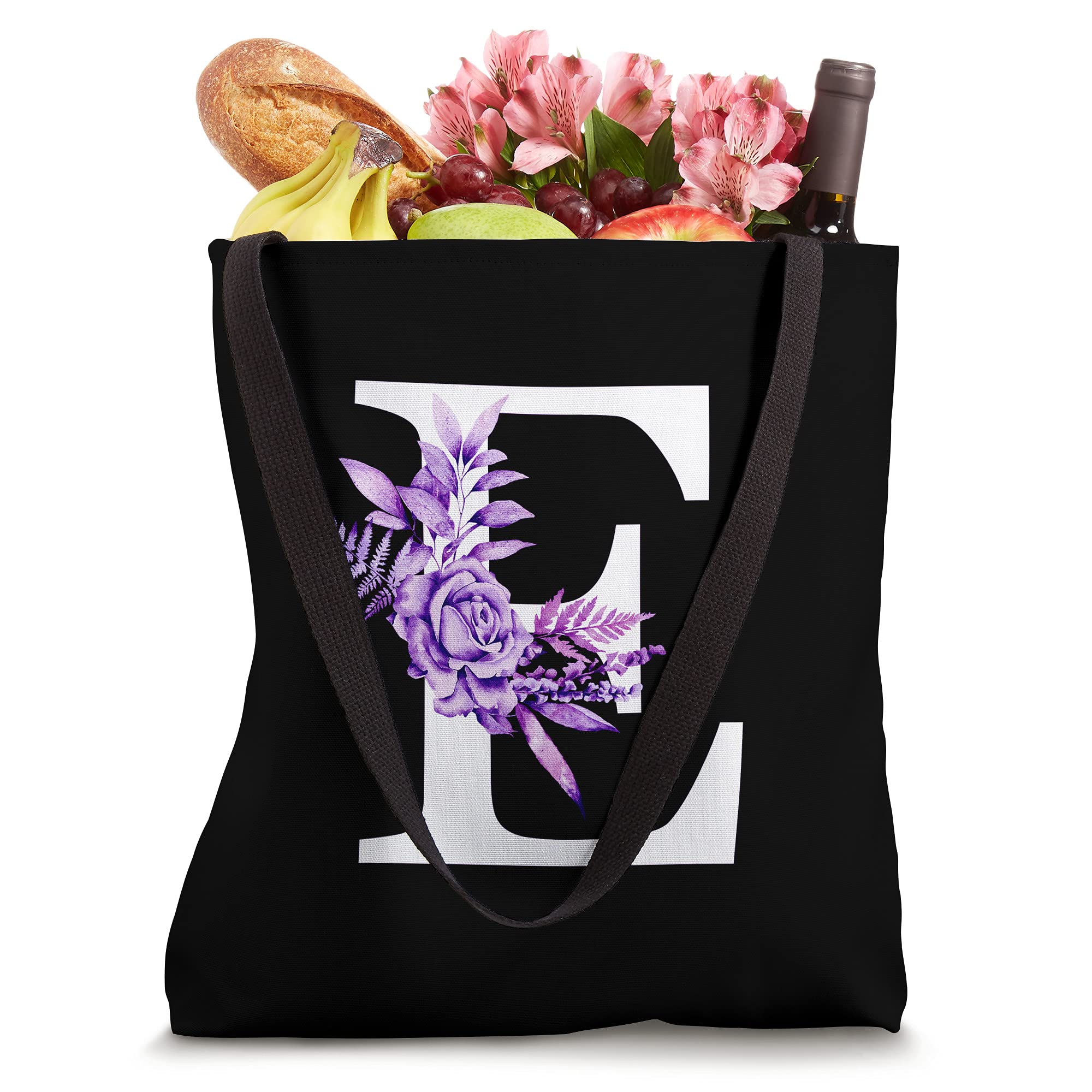 Floral Rose Monogram Letter E Tote Bag - Purple & Black Crossbody Purse for Women, Perfect for Work, Travel & Shopping