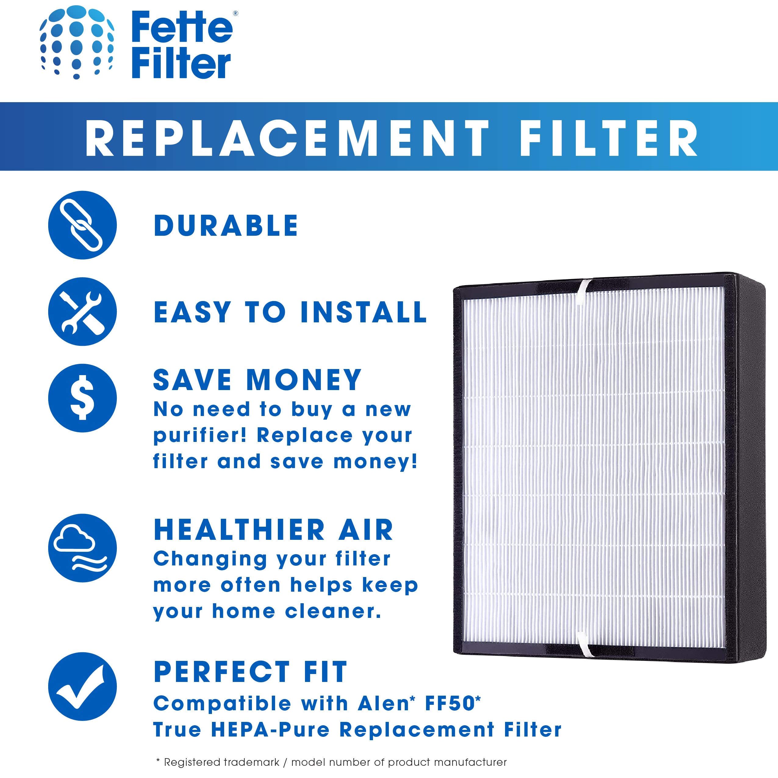 FF50 True HEPA H13 Air Purifier Filter Replacement for Alen BreatheSmart FIT50 - Pack of 1 | High-Efficiency Dust, Pollen & Pet Dander Removal | Perfect for Allergy Sufferers & Home Air Purification