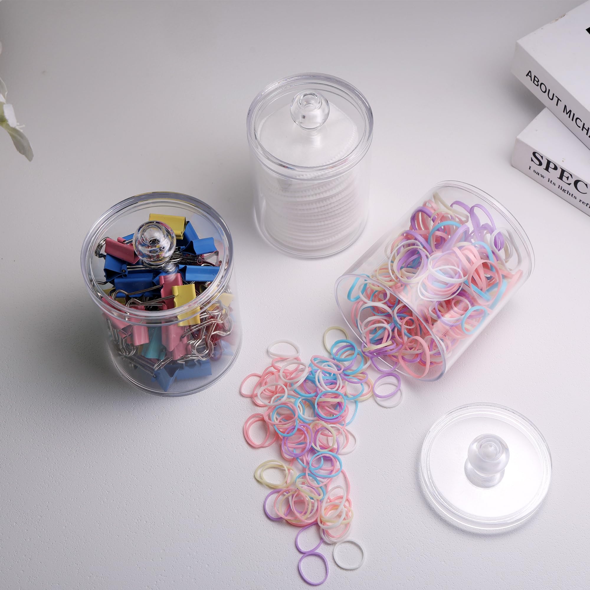 WEISHI 4-Pack Clear Plastic Apothecary Jars with Lids - Cotton Ball Holder, Q-Tip Dispenser, Swab & Round Pad Organizer for Bathroom Vanity Storage - Perfect for Makeup, Dental Floss, and Small Beauty Accessories Organization