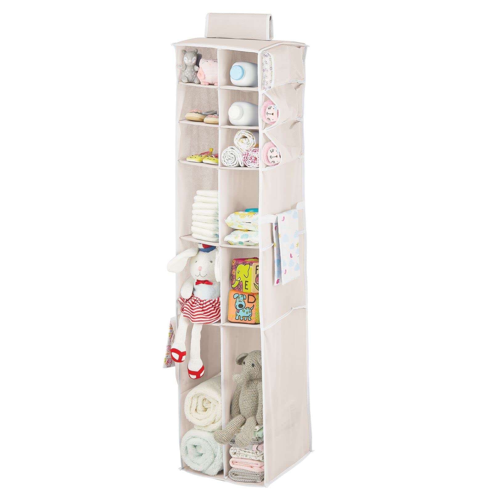 mDesign 12-Shelf Fabric Closet Organizer with Side Pockets - Soft Hanging Storage for Nursery, Kids Room - Perfect for Diapers, Wipes, Lotions & Toys (Cream/White) | Space-Saving Baby & Child Organization Solution