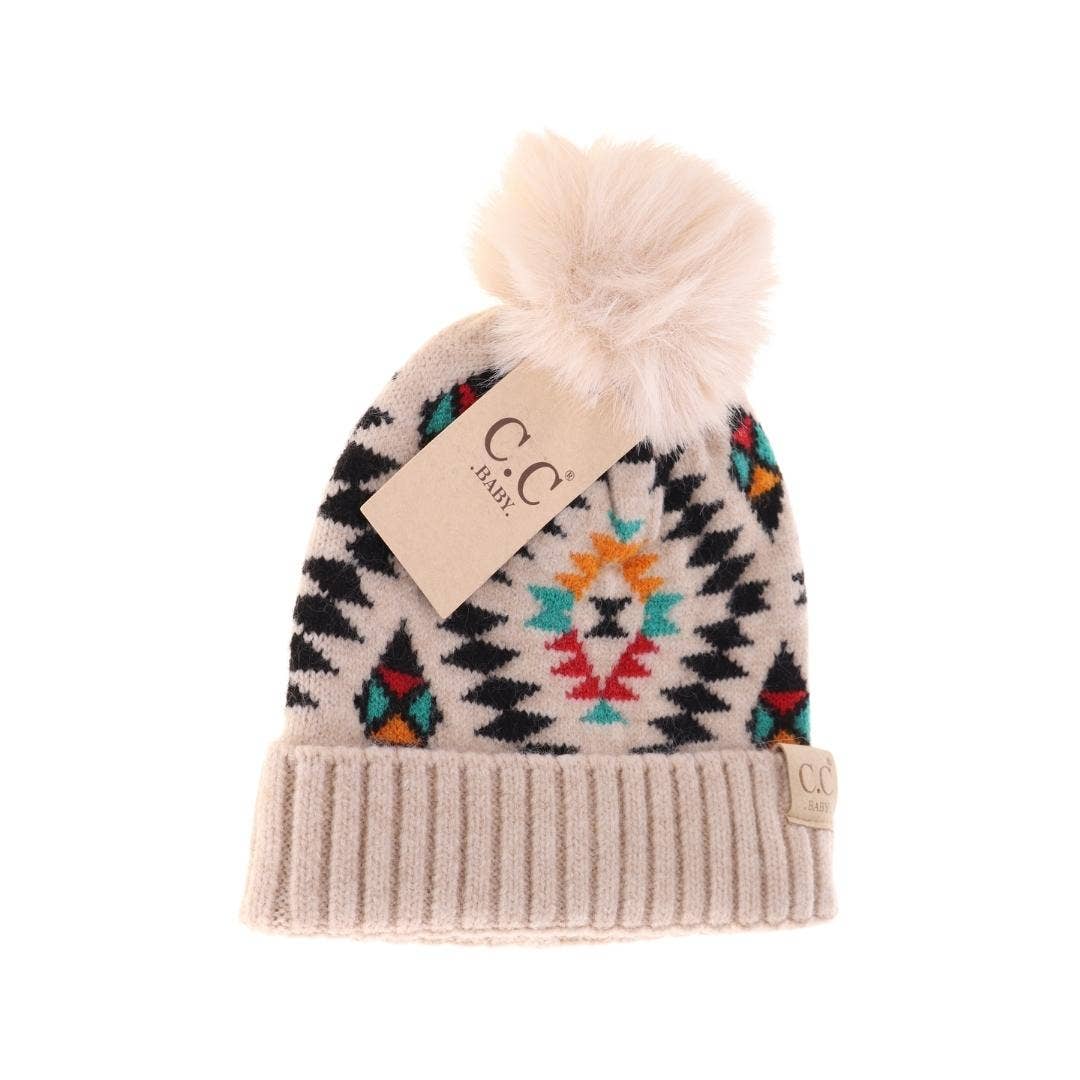 Aztec Print Pom Pom Beanie for Babies - Soft & Warm Winter Hat for Newborns & Toddlers - Perfect for Outdoor Play, Photo Shoots & Cold Weather Protection