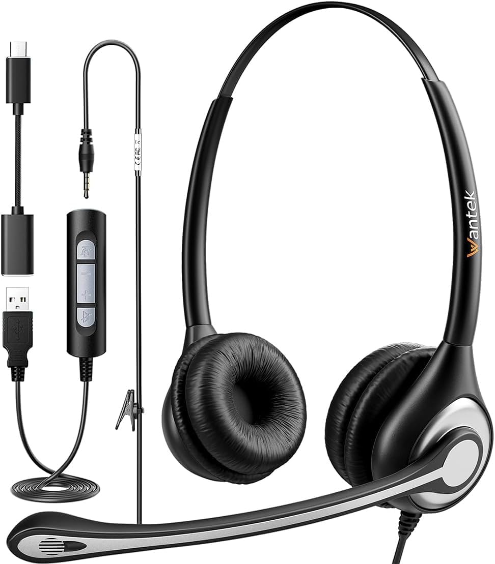 USB Headset with Noise-Canceling Microphone for Work & Online Classes - In-Line Volume Control, Comfortable Computer Headphones for Home Office, Zoom, Skype, Webinars & Gaming