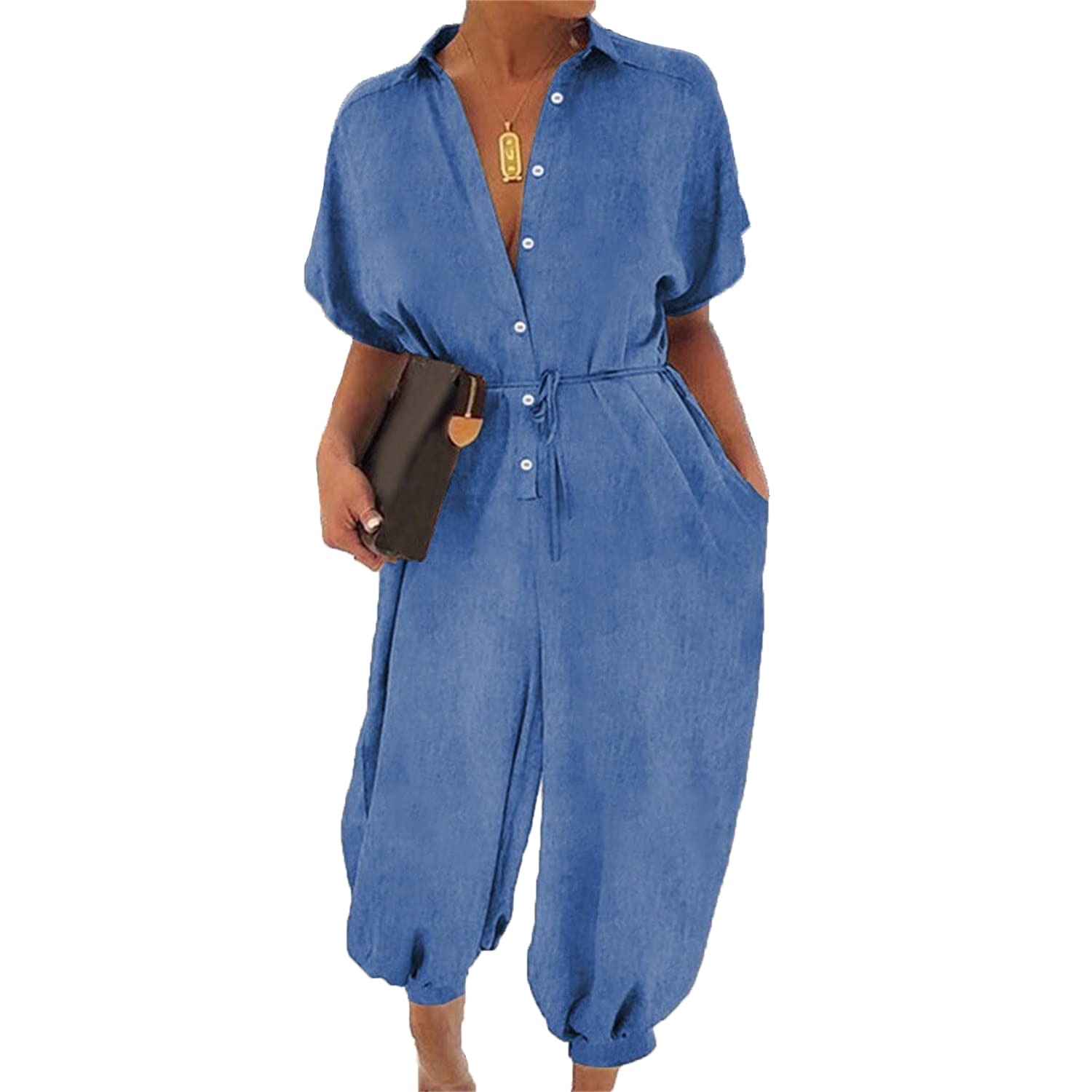 Women's Casual Denim Overalls - Wide Leg Short Sleeve Jumpsuit with V-Neck & Drawstring Waist (Plus Size, Light Blue, Small) | Perfect for Summer Outings, Beach Trips & Casual Streetwear Fashion