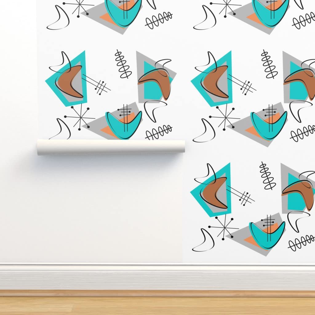 Mid Century Modern Boomerang Peel & Stick Wallpaper - 9ft x 2ft Removable Self-Adhesive Wallpaper - Space Age Atomic Era Inspired Design by Spoonflower - Perfect for Living Rooms, Bedrooms & Home Offices