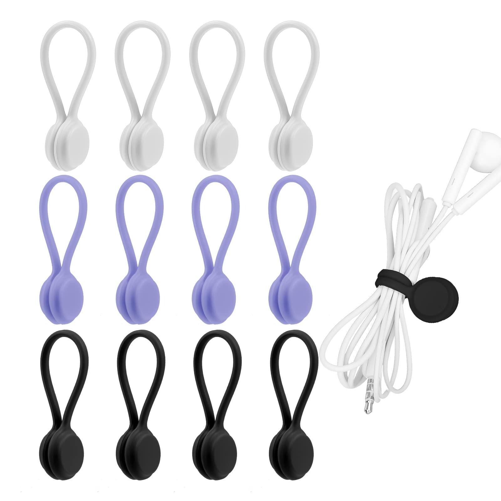 LUTER 12-Pack Magnetic Cable Clips - Reusable Silicone Cord Organizers for USB Chargers, Earphones, Pens & Keychains (Black/White/Grey) - Perfect for Home, Office & Travel Organization