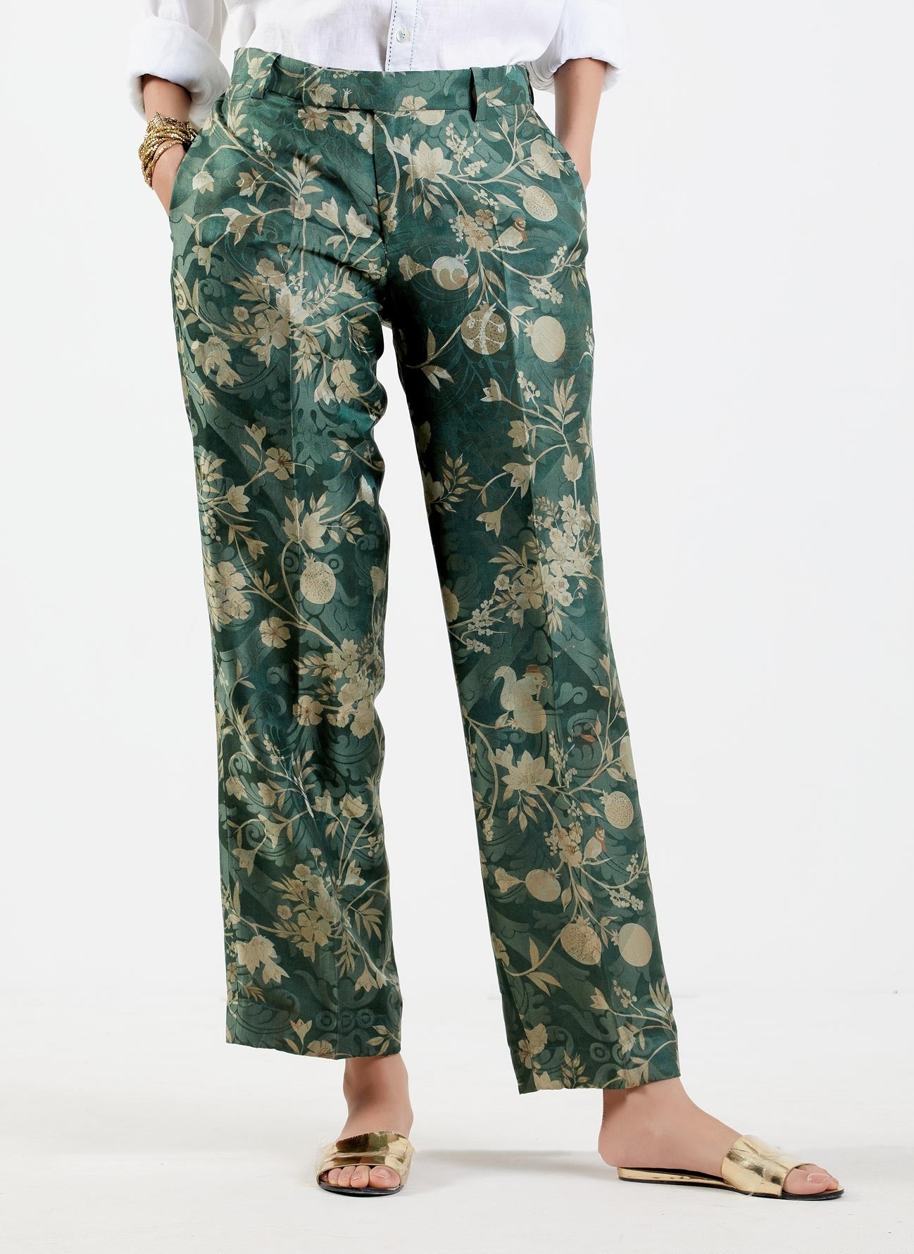 Premium Straight Fit Silk Damask Forest Trousers - Elegant Formal Pants for Business, Office & Special Occasions