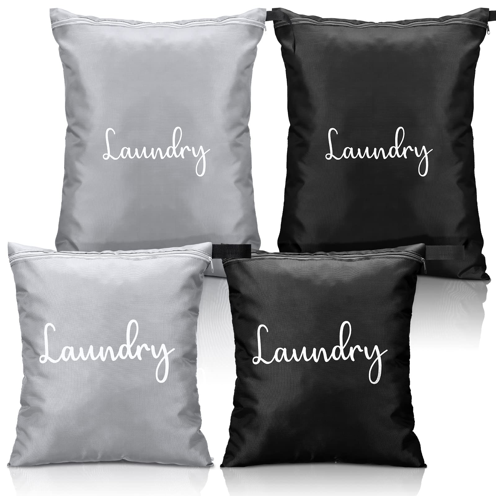 4 Pack Waterproof Laundry Bags for Travel - Reusable Wet/Dirty Clothes Organizer (12x14 & 17x22 Inch) - Machine Washable Storage Hamper for Camping, Gym, Dorm & Vacation - Gray & Black Travel Accessories