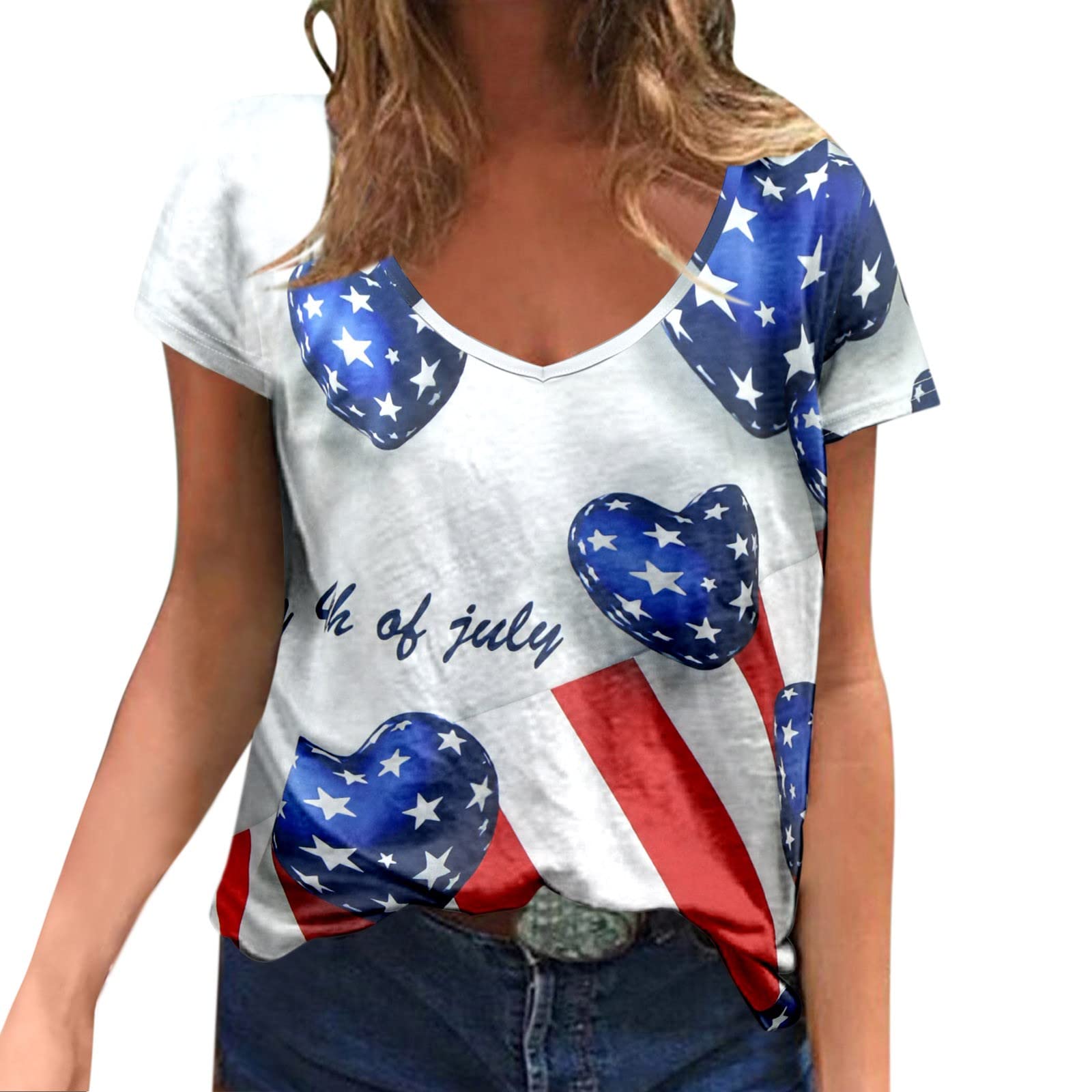 Women's Hand-Painted American Flag V-Neck T-Shirt - Short Sleeve Pullover Top for Casual Wear & Patriotic Events | USA Flag Graphic Tee for 4th of July, Memorial Day & Everyday Outfits
