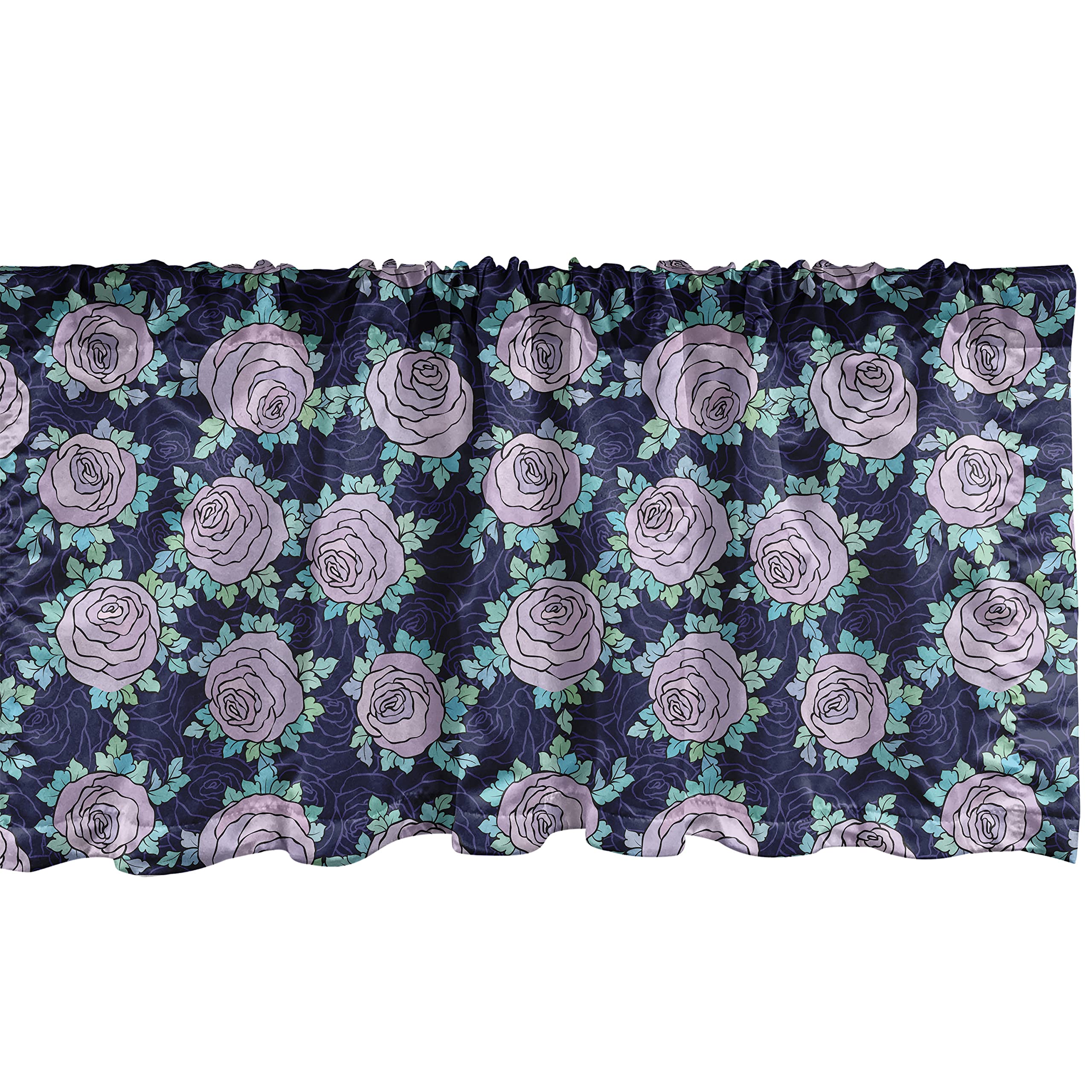 Ambesonne Rose Window Valance - Romantic Floral Curtain with Blue Leaves, Rod Pocket Valance for Kitchen & Bedroom Decor, 54
