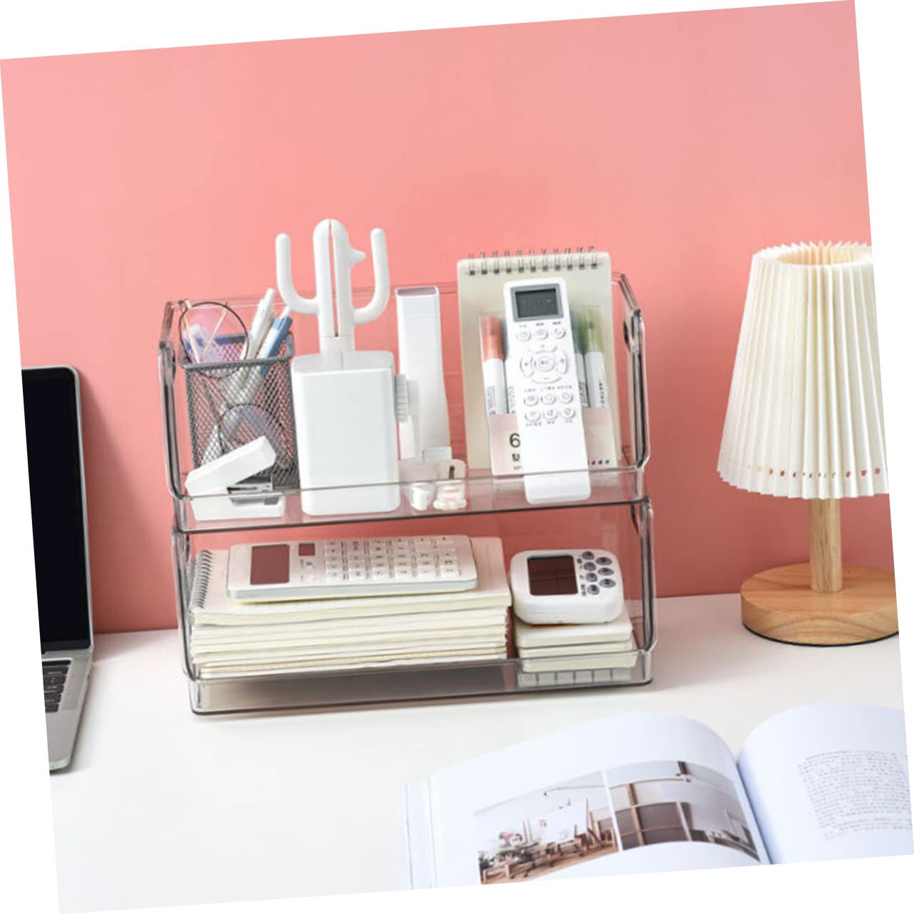 Clear Stackable Storage Bins - 4 Pcs Double Desktop Shelf for Bathroom & Pet Organization