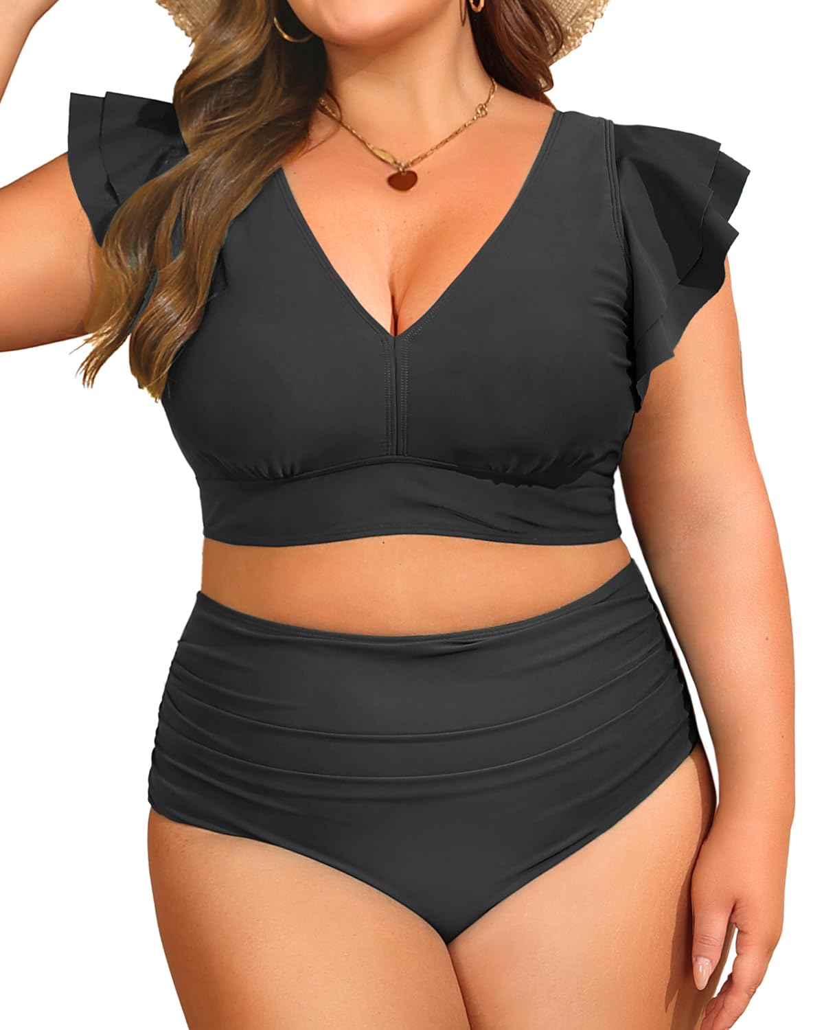 Daci Plus Size Two Piece Bikini Swimsuits for Women - High Waisted Tummy Control Bathing Suit with Ruffle Sleeve | Beach Vacation, Pool Party, Summer Swimwear