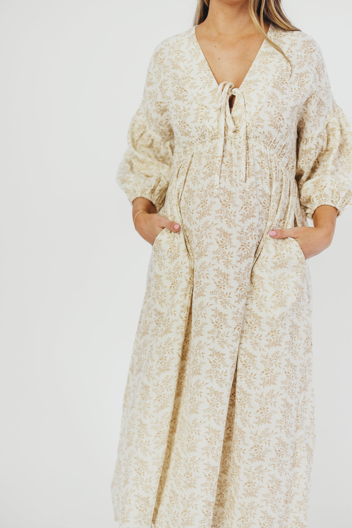 Hunter 100% Cotton Gauze Midi Dress - Breezy Floral Print in Natural/Tan | Bump Friendly & Inclusive Sizing | Perfect for Maternity Wear, Beach Vacations & Summer Outings