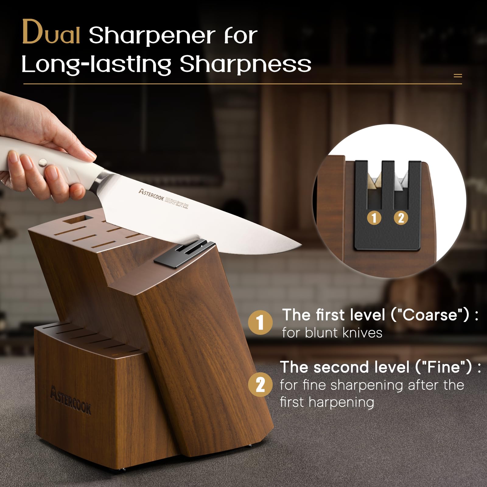 Astercook 15-Piece German Stainless Steel Knife Set with Wooden Block & Sharpener - Full Tang Kitchen Knives, Dishwasher Safe, Anti-Slip Ergonomic Handles (Elegant White) - Perfect for Home Chefs, Cooking Enthusiasts & Professional Kitchens
