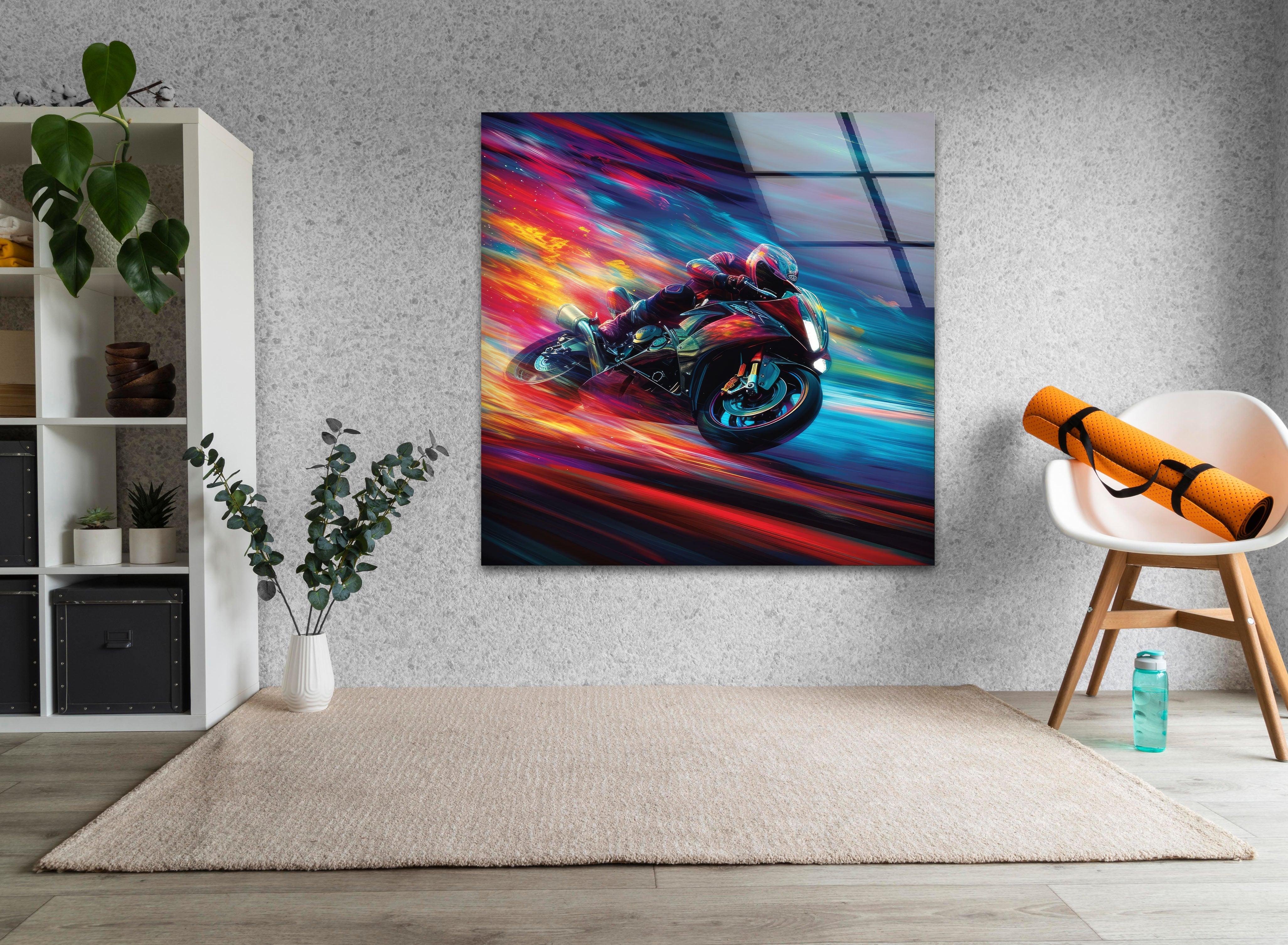 Vibrant Motor Racer Glass Wall Art - Modern Home Decor for Living Room, Bedroom & Office - Unique Automotive Themed Gift for Car Enthusiasts