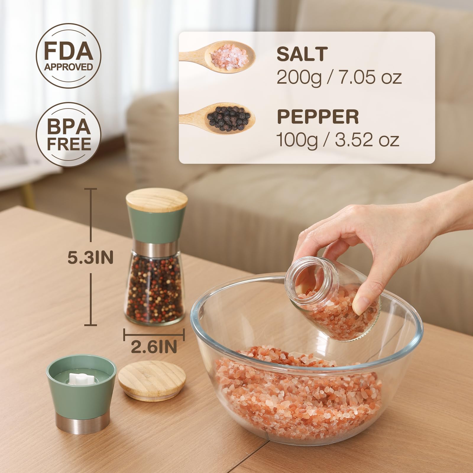 Premium Bamboo Salt and Pepper Grinder Set - Adjustable Ceramic Burr Mill for Coarse to Fine Seasoning - Refillable Manual Kitchen Shakers (Green) - Perfect for Cooking, Dining & Gourmet Gift Giving