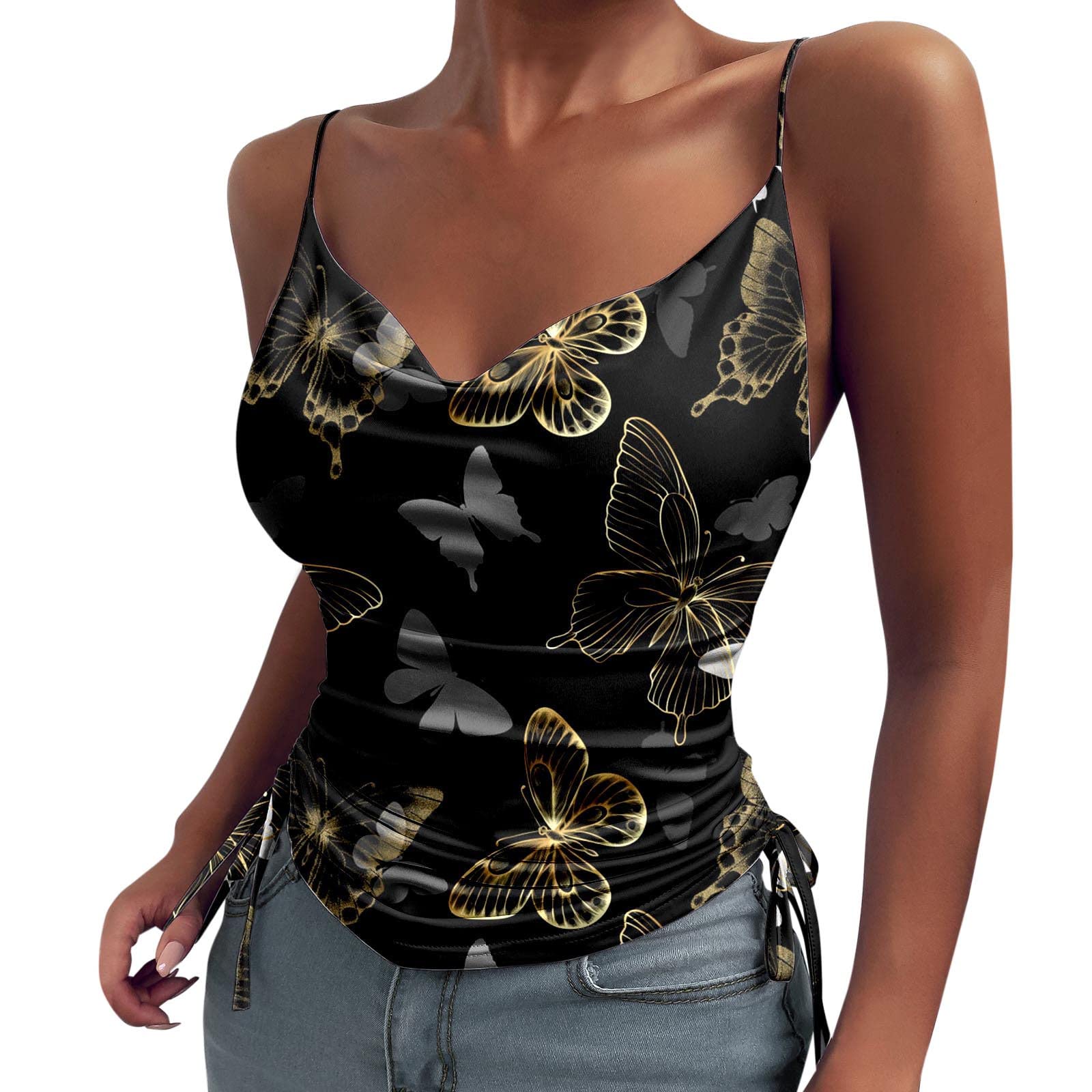 Women's Shelf Bra Cami Top - V Neck Pleated Drawstring Summer Casual Camisole in Black & White | Perfect for Layering, Beach Wear & Everyday Comfort