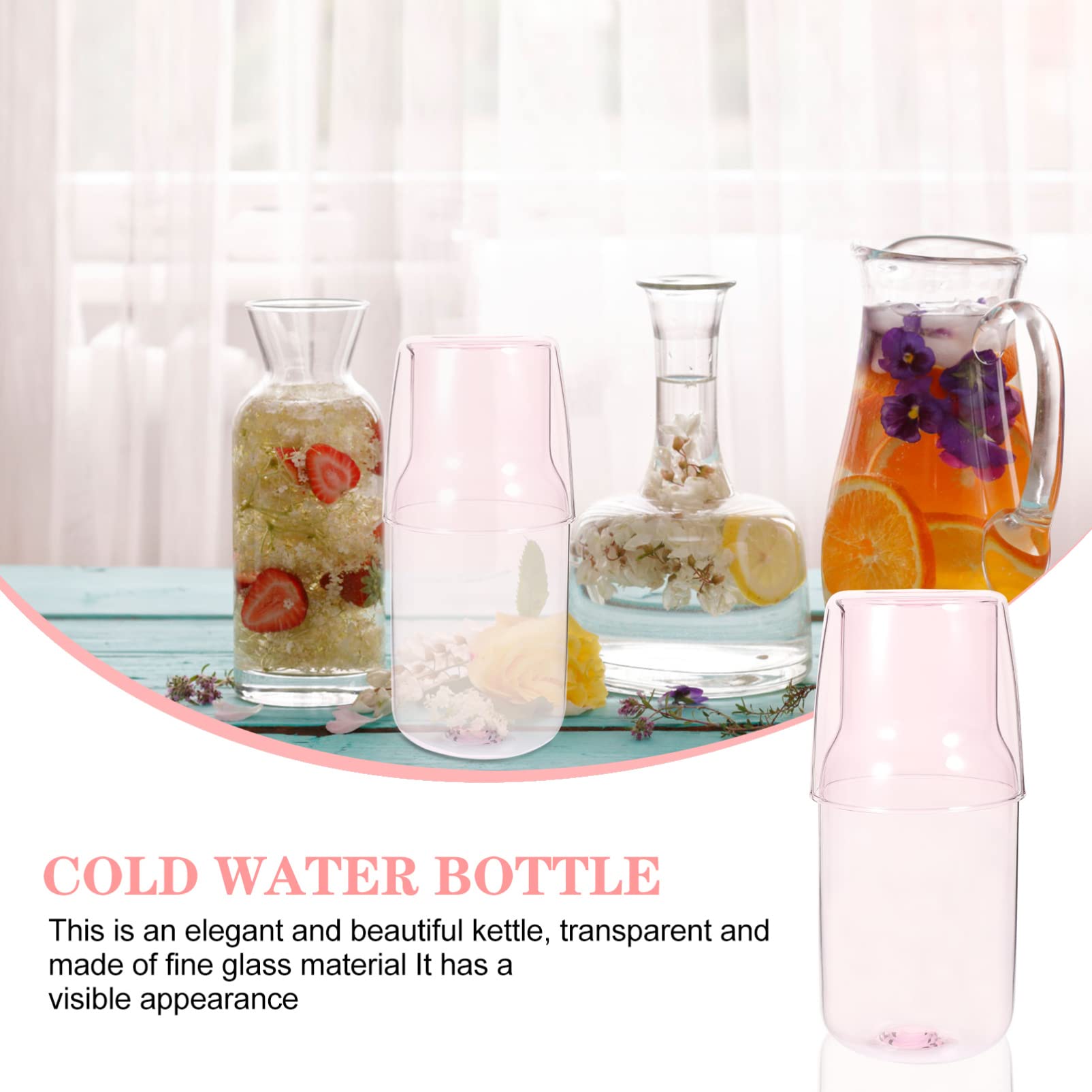 DOITOOL Pink Nightstand Water Set - 520ml Glass Pitcher with Tumbler for Bedside, Perfect for Water, Iced Tea, Lemonade & Juice - Ideal for Bedroom, Office, or Gift