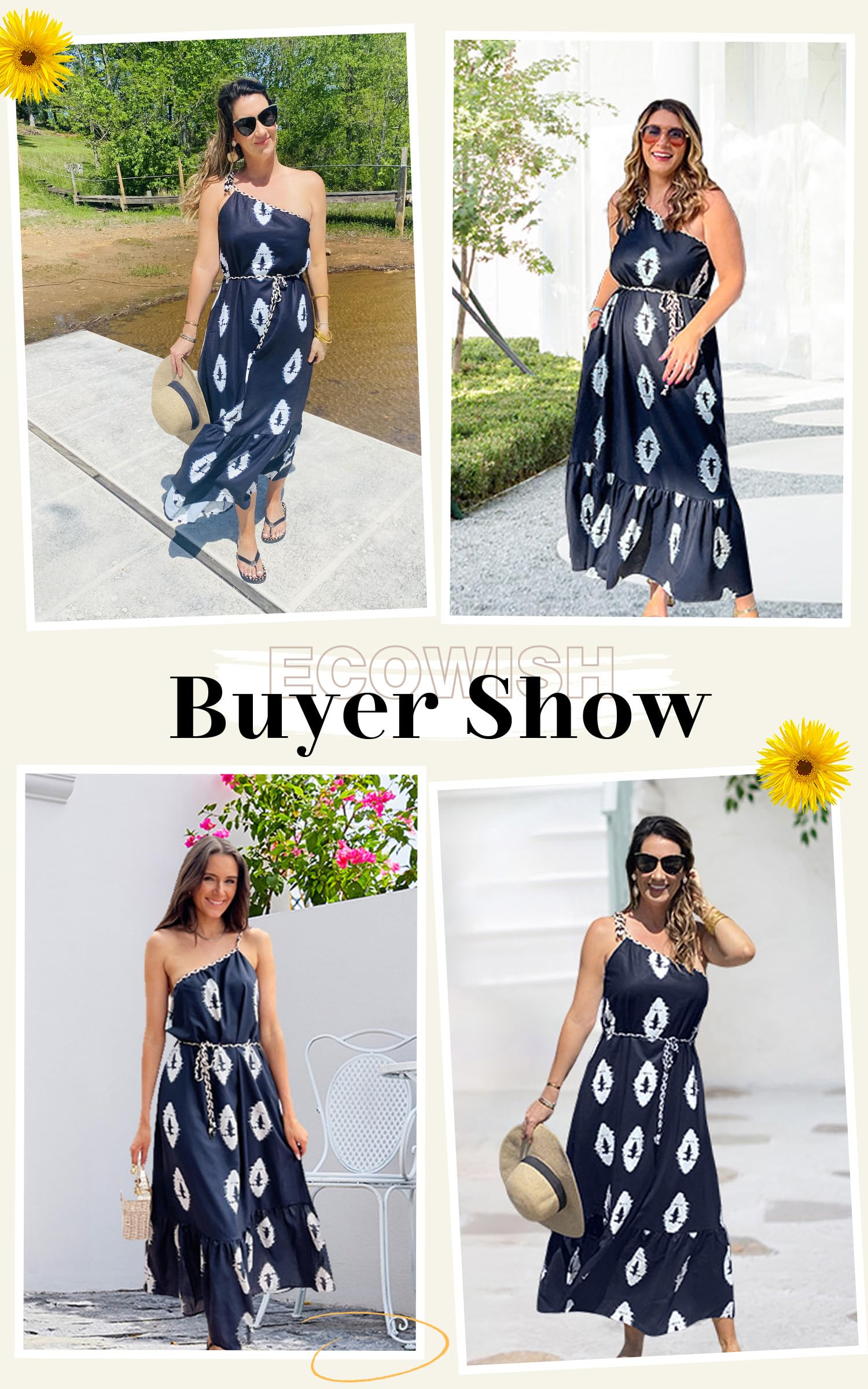 ECOWISH Women's Summer Maxi Dress - Casual One Shoulder Midi Dress for Beach Vacation | Boho Resort Long Sundress with Pockets | Perfect for Pool Parties, Tropical Getaways & Summer Outings 2025