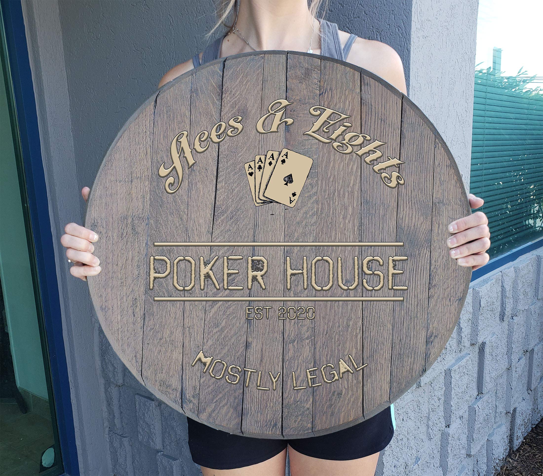 Personalized Whiskey Barrel Poker Room Signs - Rustic Wall Decor for Casino Night, Man Cave & Home Bar - Barnwood Gray 22 Inch Wall Art Gift for Men | Perfect for Game Rooms, Basements & Western-Themed Decor