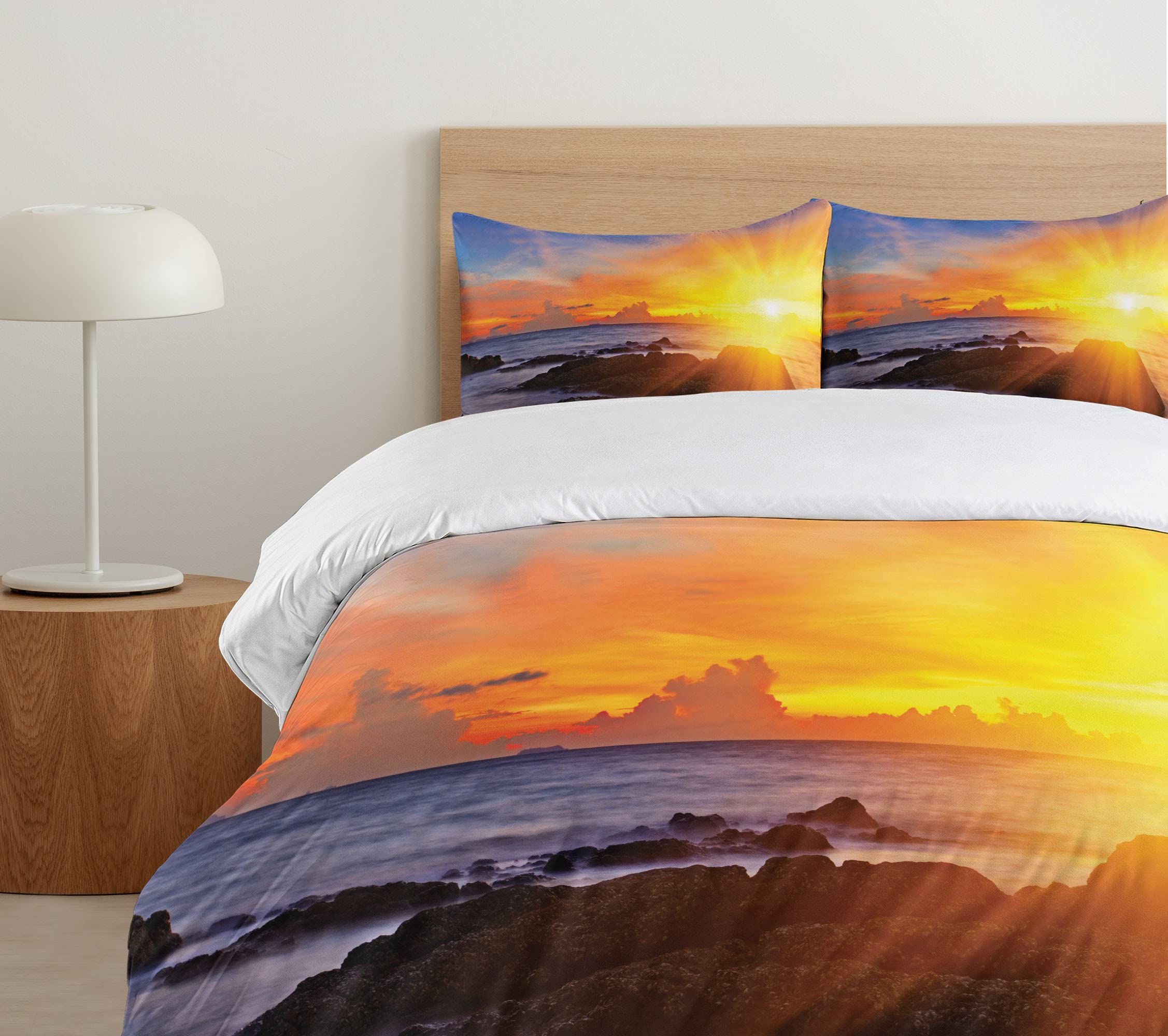 Ambesonne Beach Duvet Cover Set - Vibrant Tropical Sunset Print 3-Piece Bedding (California King, Orange & Blue) with 2 Pillow Shams | Coastal Decor, Summer Bedroom Upgrade, Vacation Home Styling