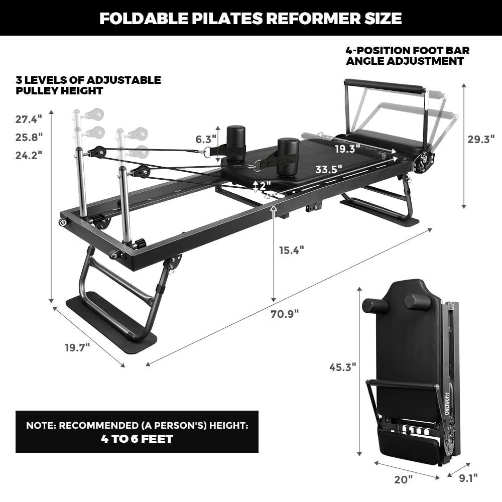 ONETWOFIT Foldable Pilates Reformer Machine for Home Gym - 440 lbs Weight Capacity | Portable Pilates Equipment for Full Body Workouts | Perfect for Small Spaces & Home Pilates Studio