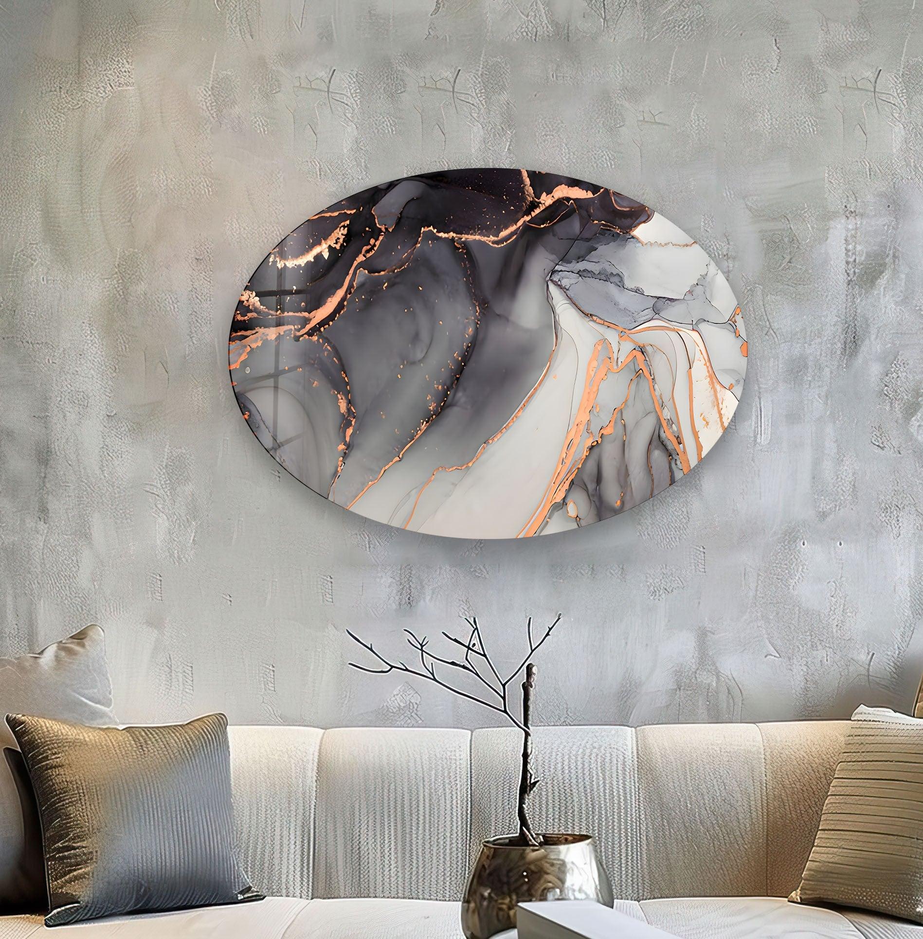 Abstract Black Alcohol Ink Glass Wall Art - Handmade Oval Asymmetrical Design for Modern Home & Office Decor - Perfect for Living Room, Bedroom, or Office Wall Display