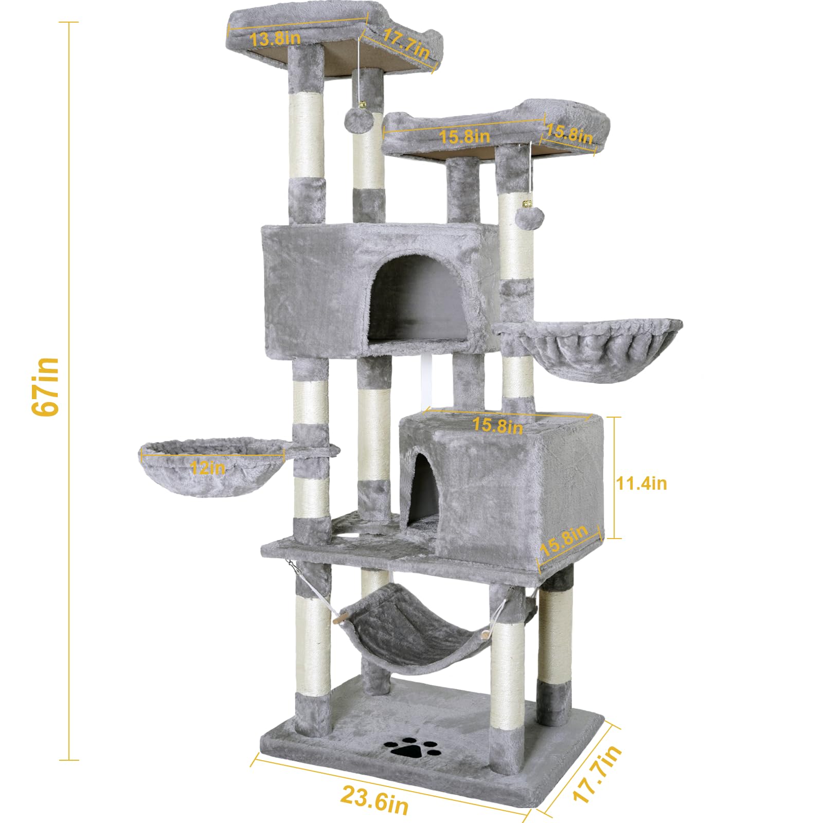Premium 67in Multi-Level Cat Tree for Indoor Cats - Sturdy Large Cat Tower with 10 Sisal Scratching Posts, 3 Hammocks, 2 Condos & 2 Platforms | Perfect for Play, Rest & Climbing (Light Grey)
