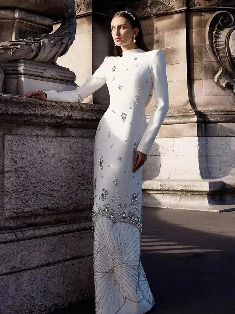 Elegant Long Sleeve White Crystal Evening Gown for Muslim Women - Perfect for Weddings, Parties & Special Occasions