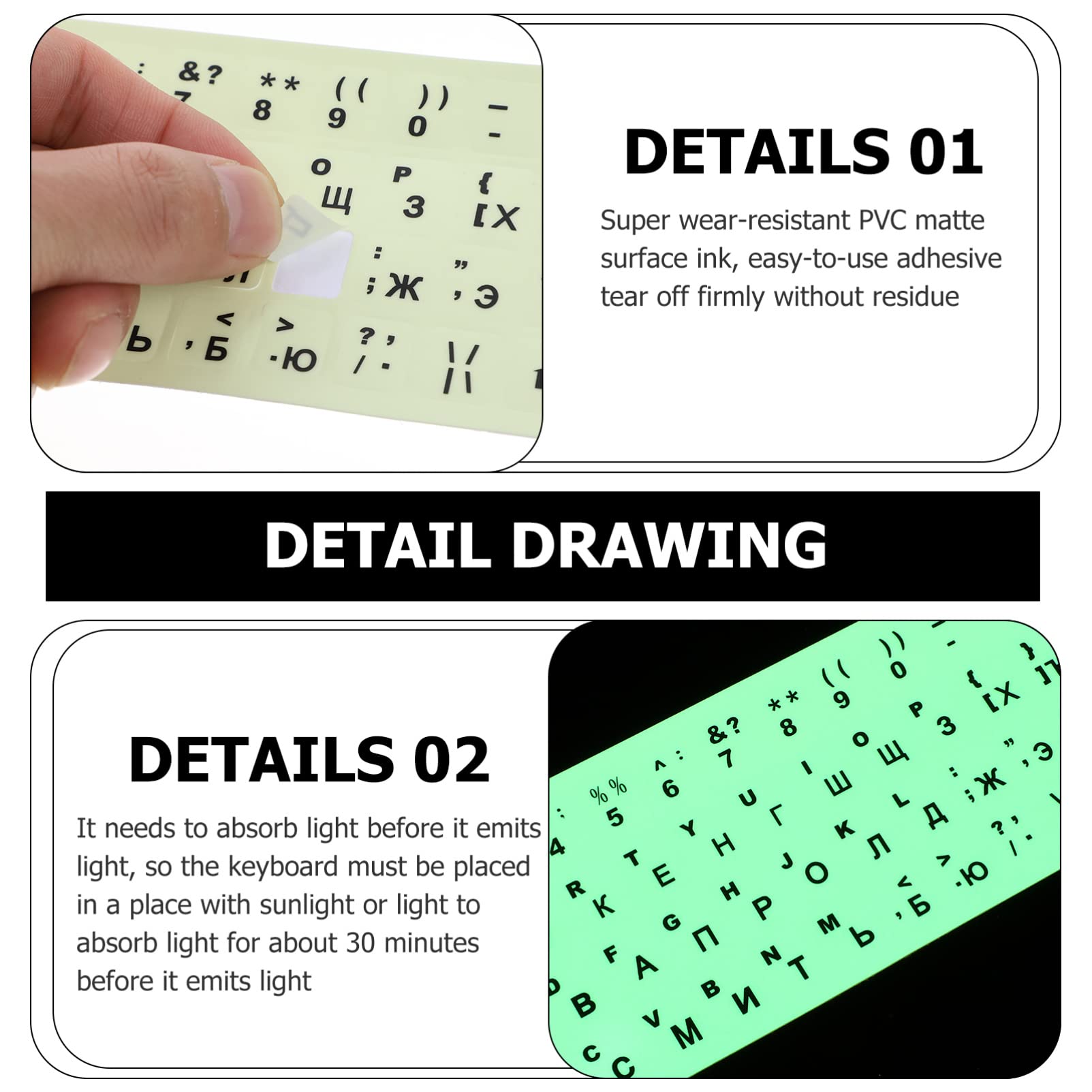Glow in The Dark Russian Keyboard Stickers for Laptop - Luminous Replacement Letters, Light Up Keyboard Cover - Perfect for Night Typing & Gaming (Russian Layout)