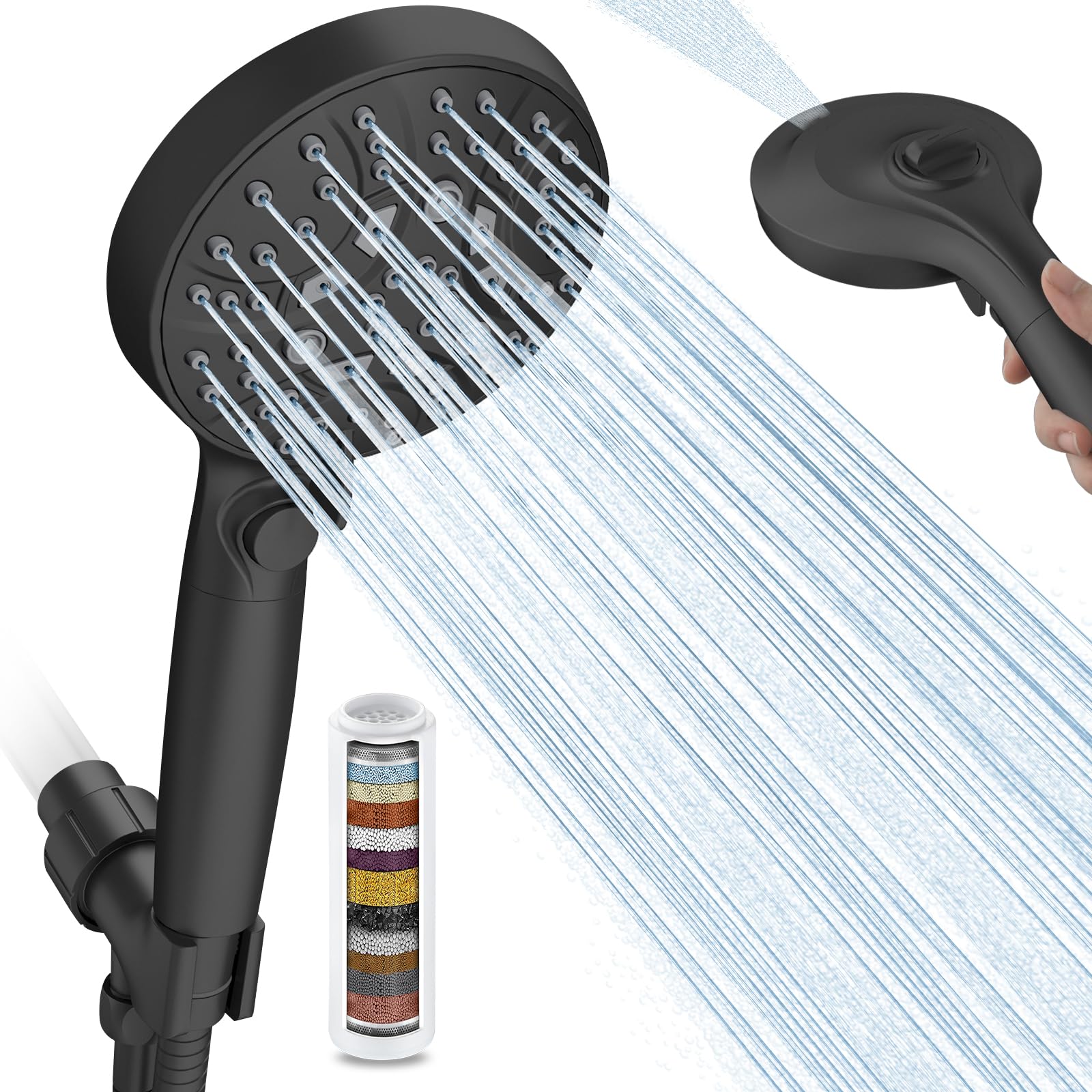 HEROBAI Detachable High Pressure Shower Head with Hose - 5 Function Handheld Shower Head with On/Off Switch & Water Softener Filter for Hard Water - Perfect for Bathroom, Spa & RV Use (Black)