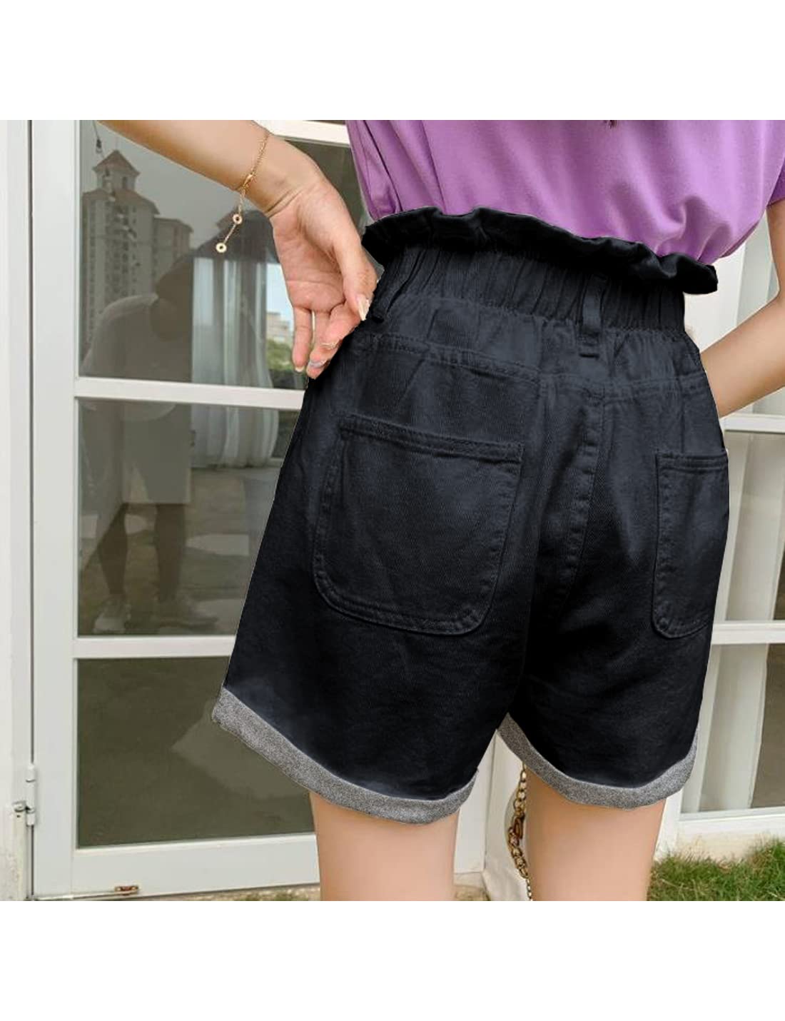 VIEWON Women's High Waist Stretch Denim Shorts - Elastic Waistband, Rolled Hem, Comfortable Cotton Casual Shorts with Pockets | Perfect for Summer, Beach, Travel & Everyday Wear