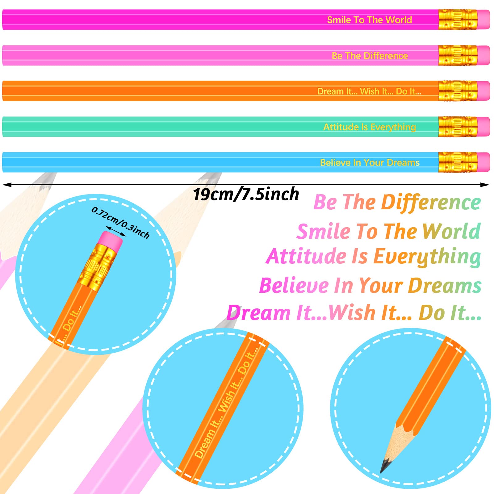 60-Pack Custom Motivational Pencils with Inspirational Quotes - Personalized Wooden Pencils for Students, Teachers & Office Use (5 Colors) - Perfect for Classroom Rewards, Teacher Gifts & Office Motivation