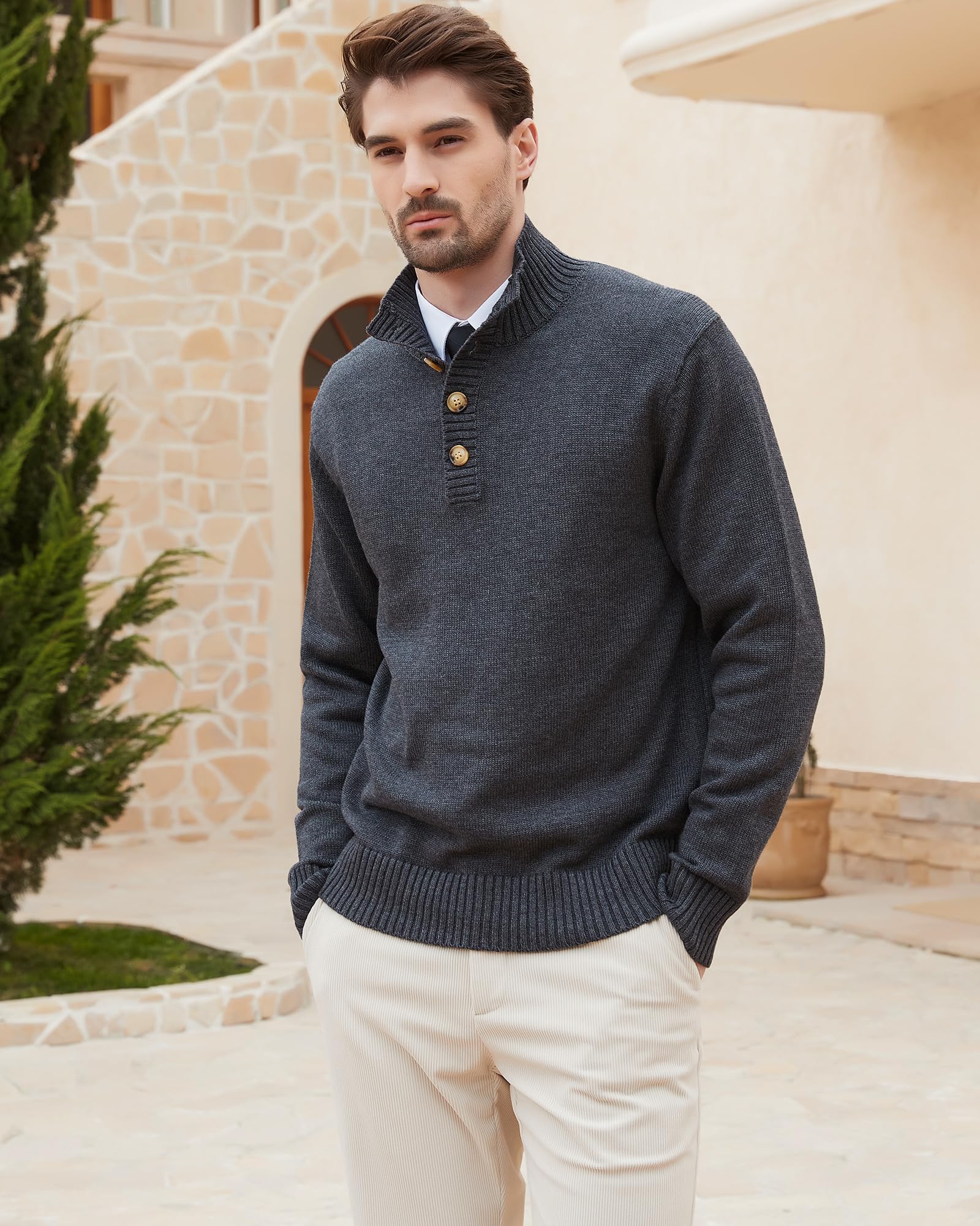 Men's Wool Blend Knit Pullover - Mock Neck Long Sleeve Sweater for Winter
