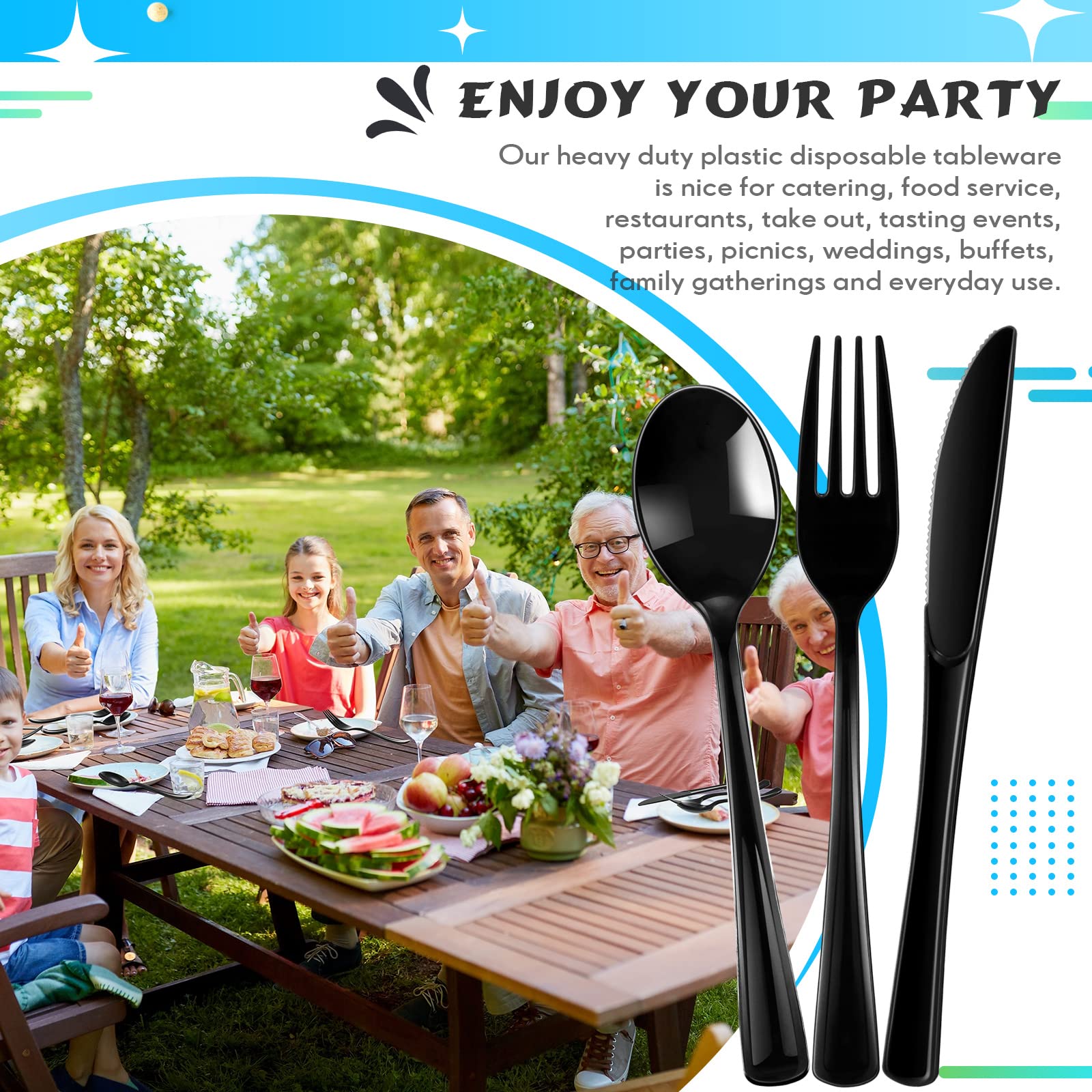 150-Piece Heavy Duty Disposable Plastic Cutlery Set - 50 Forks, 50 Knives, 50 Spoons - Black Utensils for Home, Office, School, Parties, Picnics, Restaurants & Outdoor Events - Perfect for Everyday Use, Catering & On-the-Go Meals