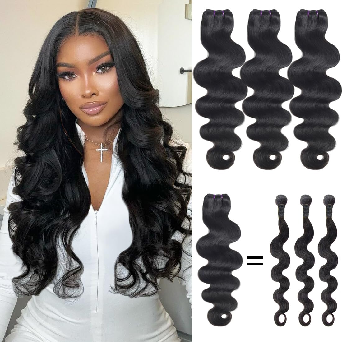 Beaufox 16A Body Wave Human Hair Bundles 22 24 26 Inch 100% Unprocessed Brazilian Virgin Remy Hair - 3 Bundles with Double Weft for Quick Weave - Natural Black Color for Salon Quality Extensions & Everyday Styling